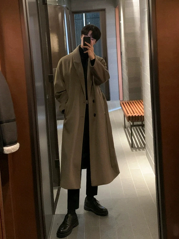 Abrigo de lana para hombre, abrigo coreano de invierno de alta gama hasta la rodilla, abrigo de lana grueso retro suelto, moderno R034 