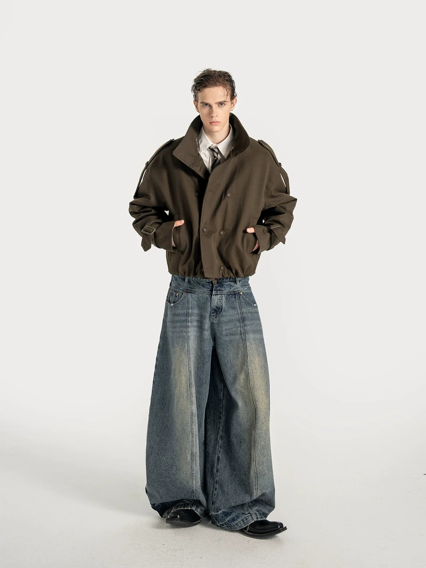 Pragmatism, American stand-up neck padded trench coat, wide shoulder, autumn and winter T0158 short jacket