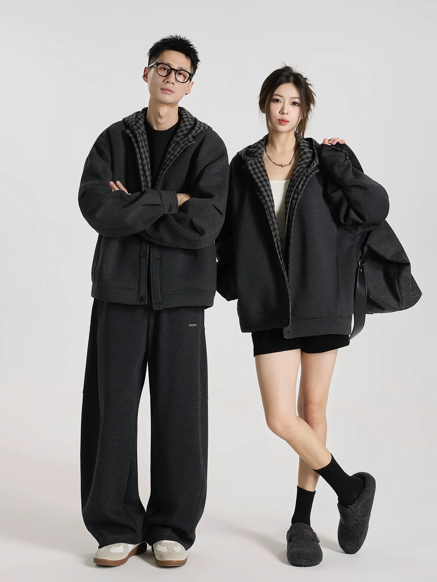 Time Overlapping" Jelly Air Layer Plaid Splicing Fake Two-piece Cardigan Hooded Sweater Jacket S0176