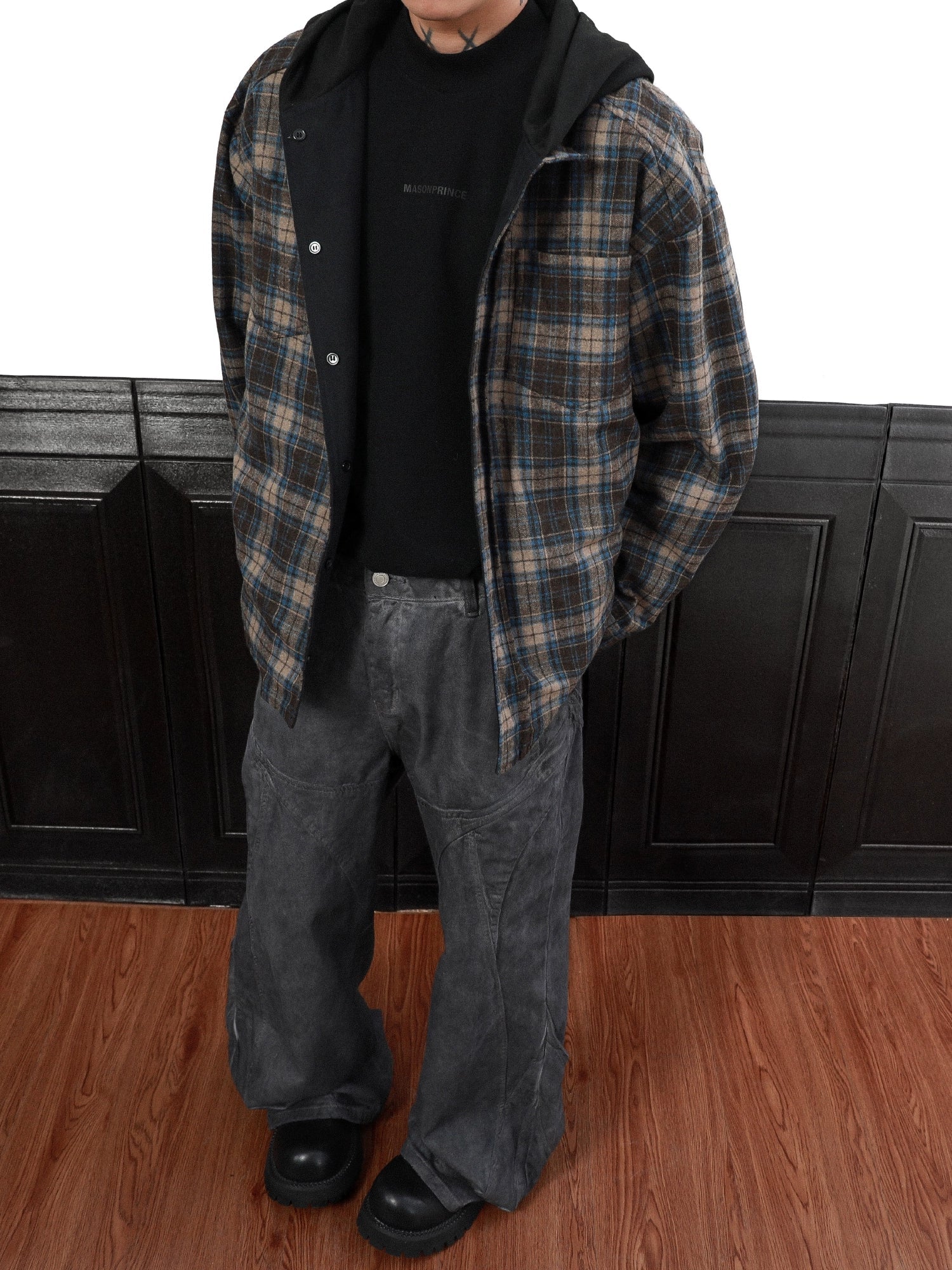 American retro double-sided plaid hooded jacket jacket men's niche spring loose couple sweater S0178