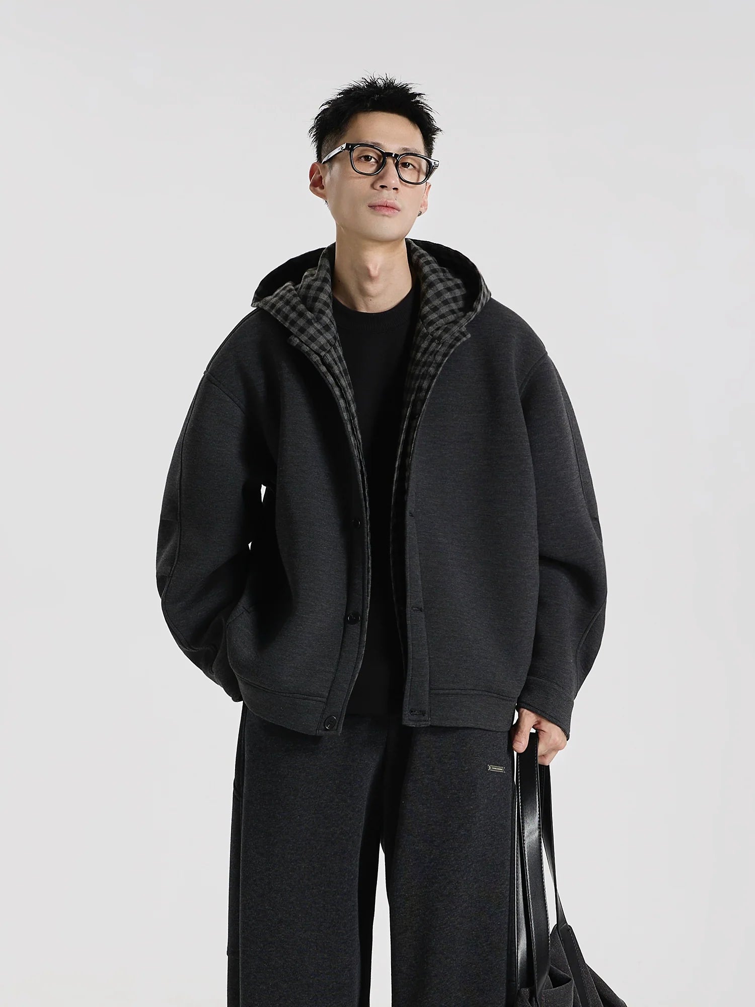 Time Overlapping" Jelly Air Layer Plaid Splicing Fake Two-piece Cardigan Hooded Sweater Jacket S0176