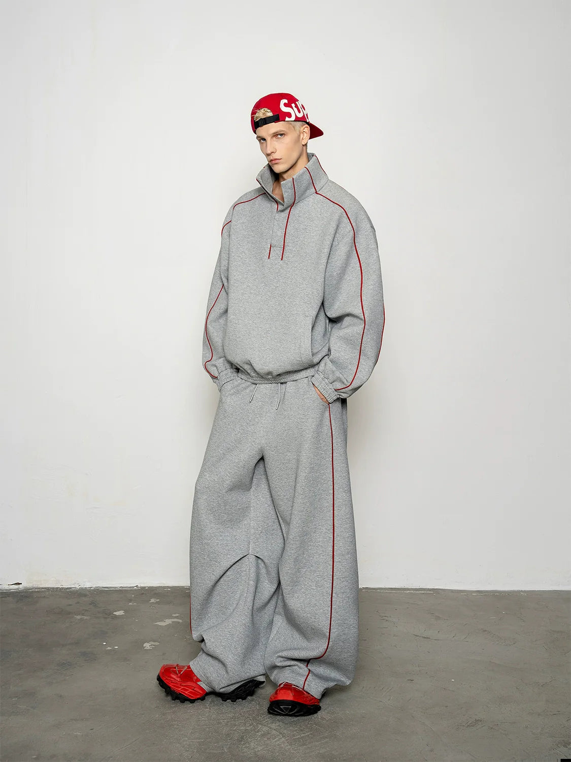 niche deconstruction contrasting color air layer turtleneck sweater men's scimitar casual pants sports suit S0137
