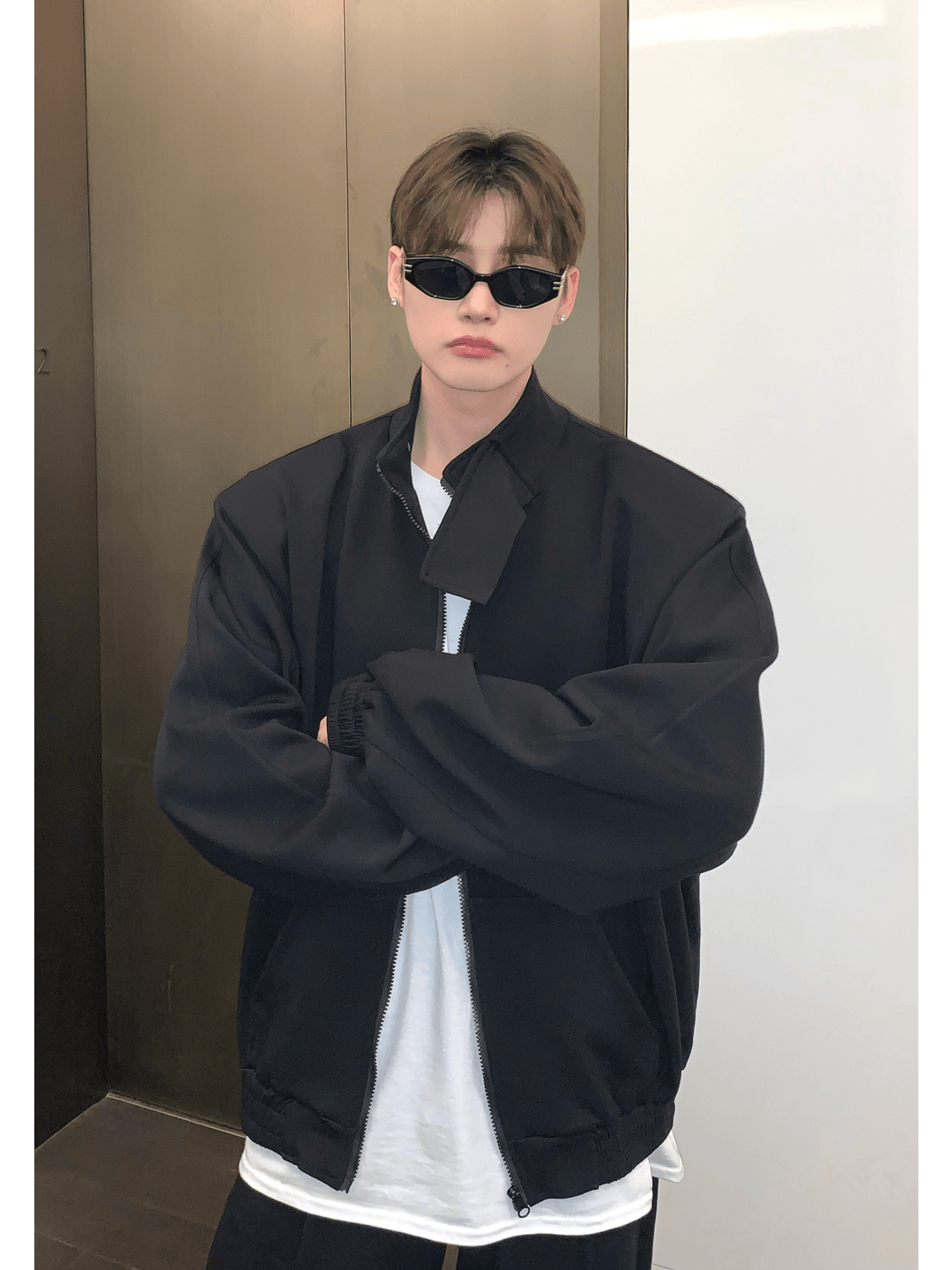 [CUIBUJU] スタンドカラーショルダーパッドカーディガンセーターセットアップ S0195