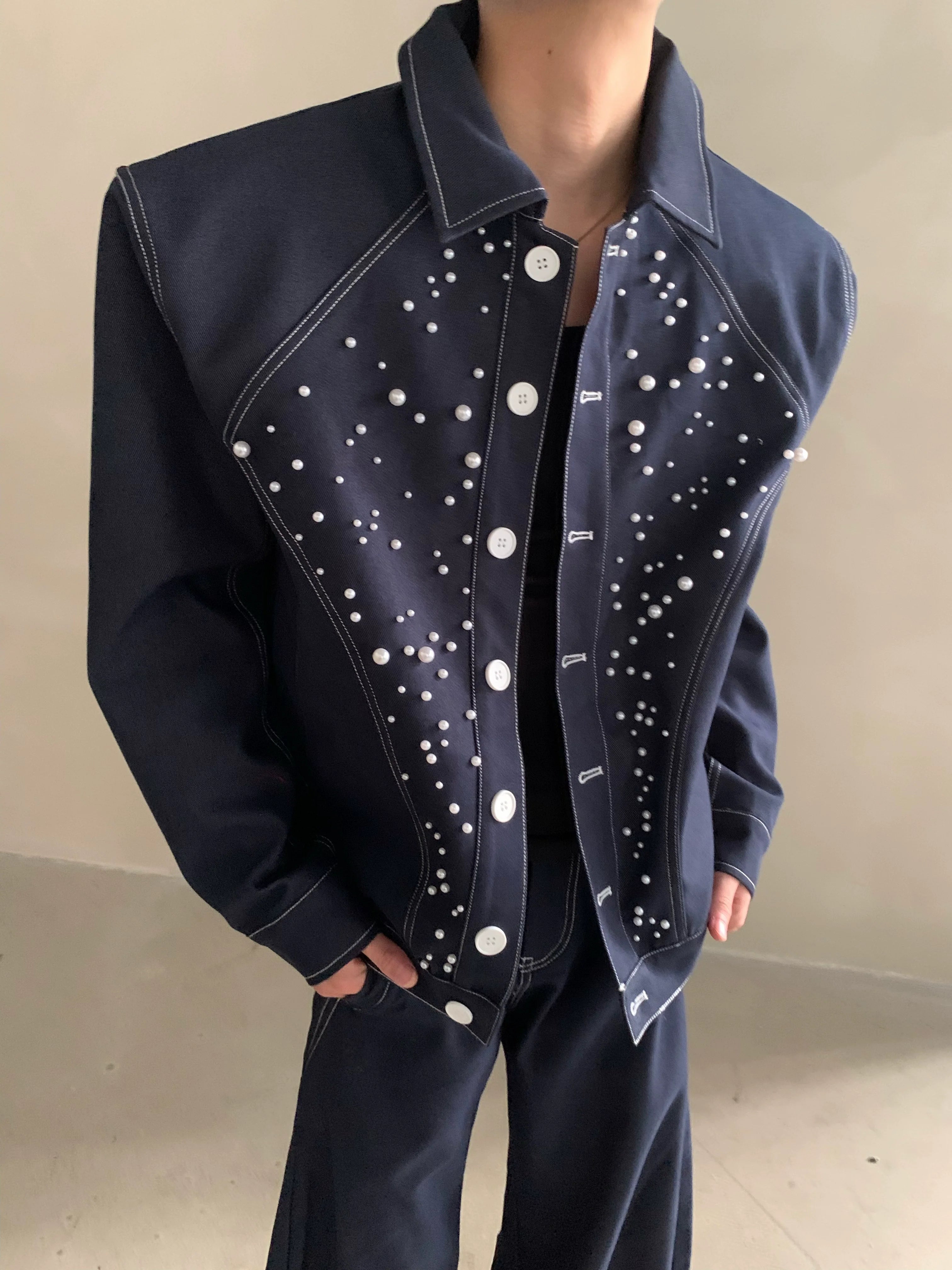 Niche high-end sense light luxury bright diamond pearl design denim jacket men's ruffian handsome fashion suit tide R006