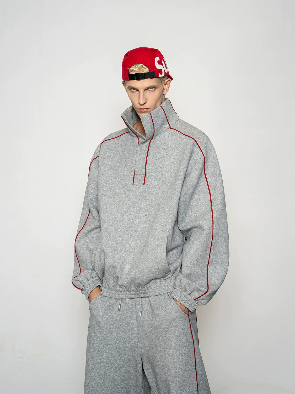 niche deconstruction contrasting color air layer turtleneck sweater men's scimitar casual pants sports suit S0137