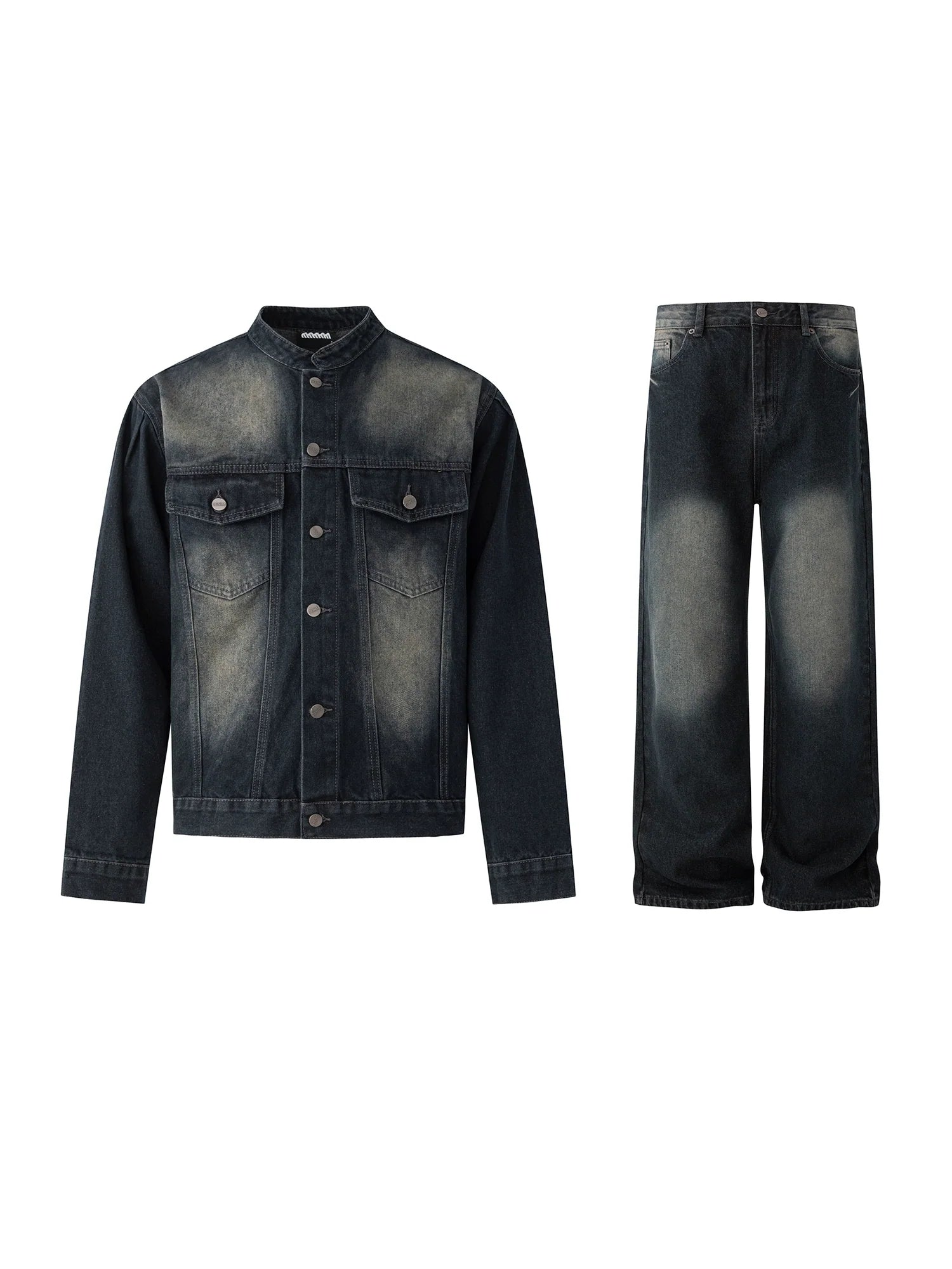 Ruffian handsome retro stand-up collar denim jacket men's spring and autumn loose wide-leg jeans Korean fashion suit T0150