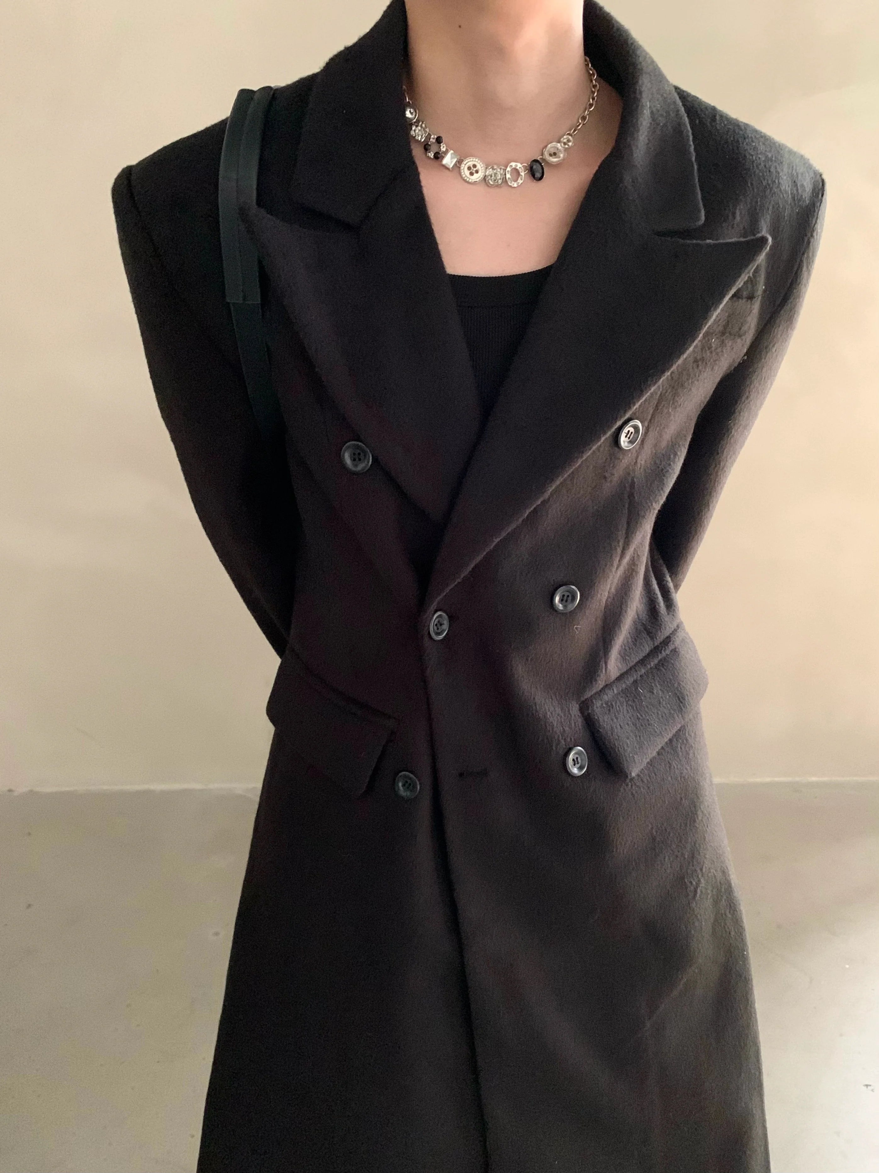 冬用ニッチショルダーパッド入りシルエットウールコートメンズロングダブルブレストプレミアムトレンチコートR037 