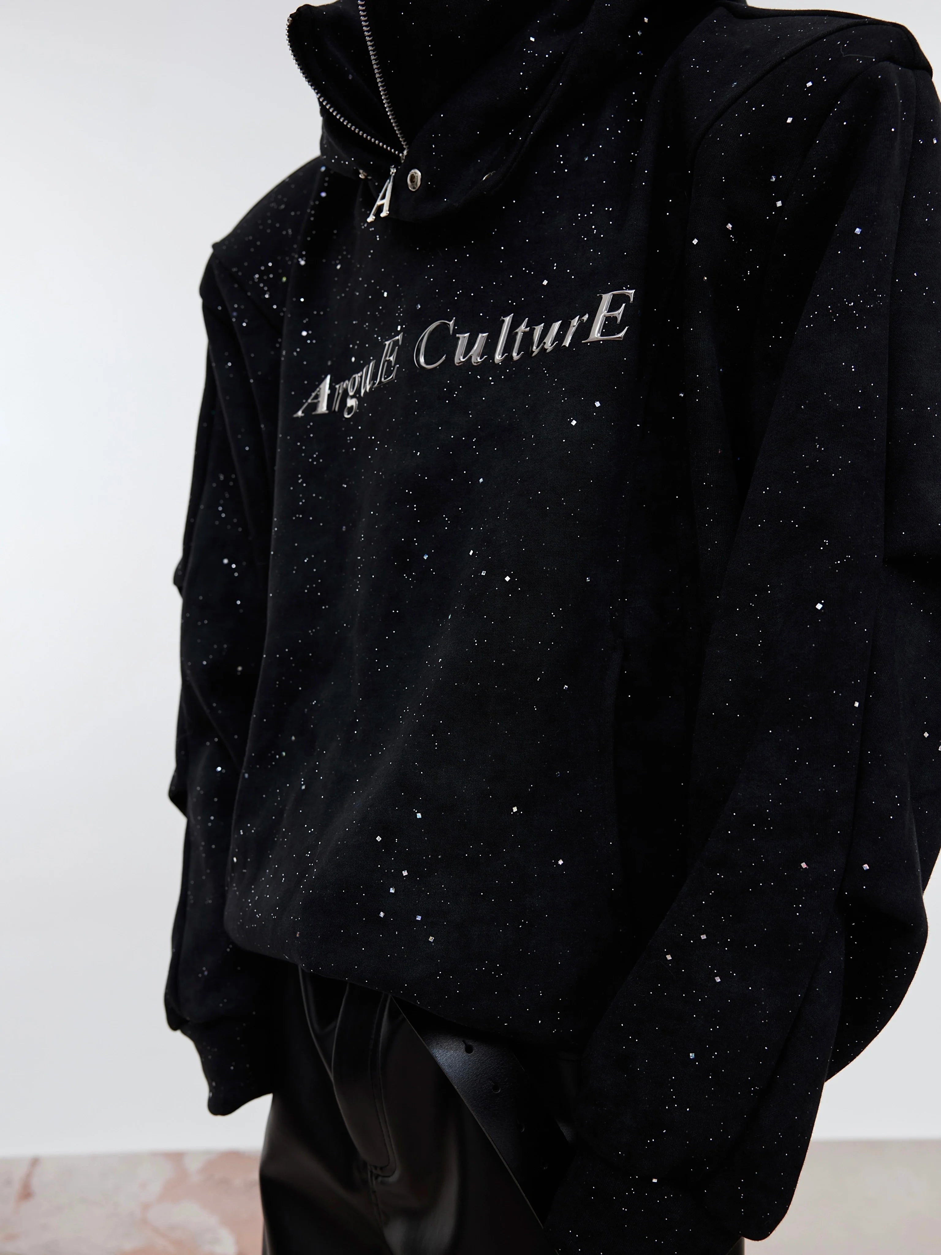 Niche old fine flash double collar design sense casual shoulder pads hooded sweater loose trend top S0168