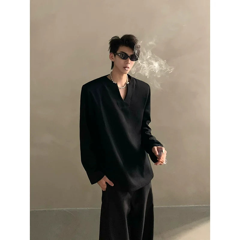 Summer high-end V-neck metal decorative shoulder pads short-sleeved T-shirt male ruffian handsome loose half-sleeved top J0090