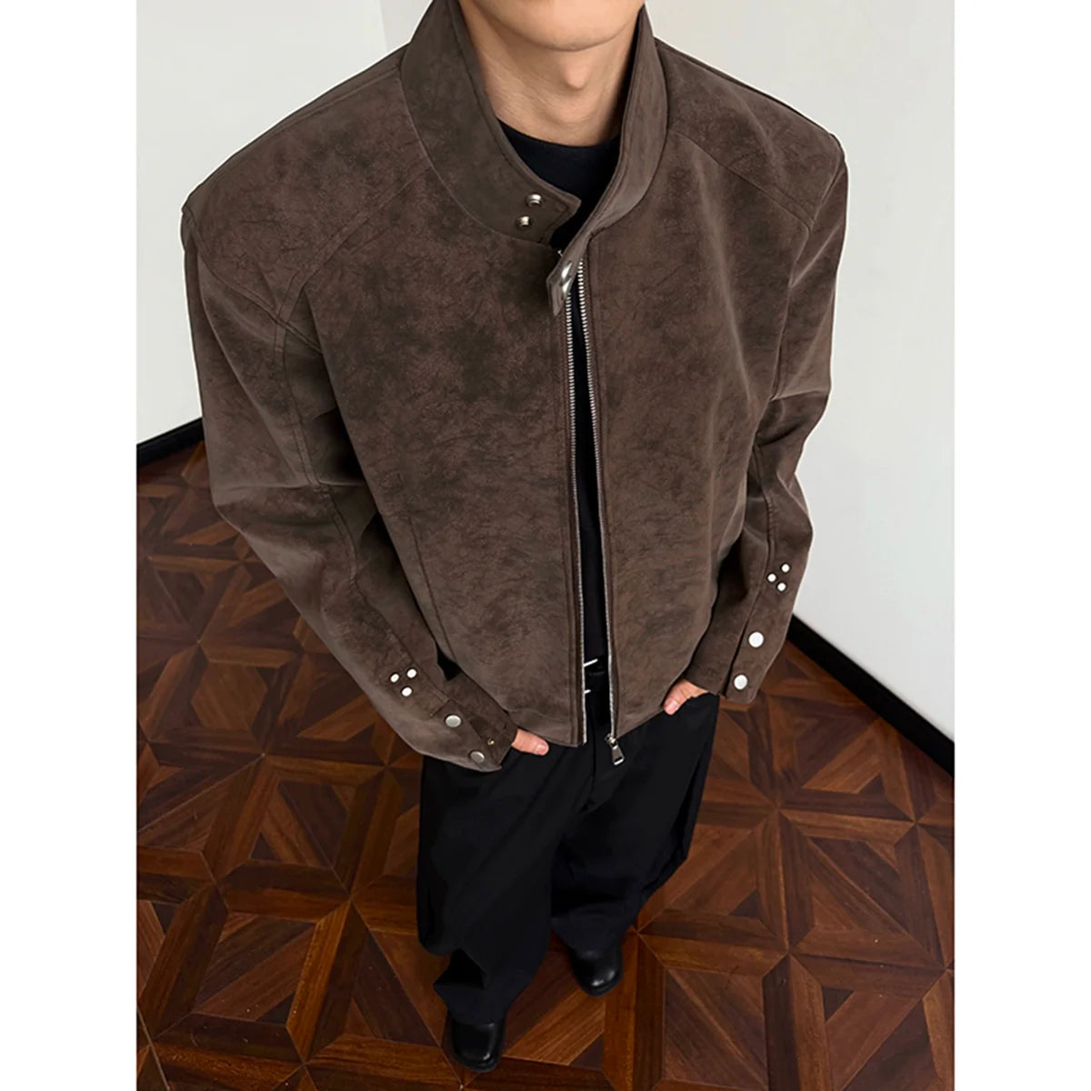 American Harrington pu leather jacket jacket men's trendy brand autumn high street design sense ruffian handsome locomotive suit stand-up collar leather jacket T0156