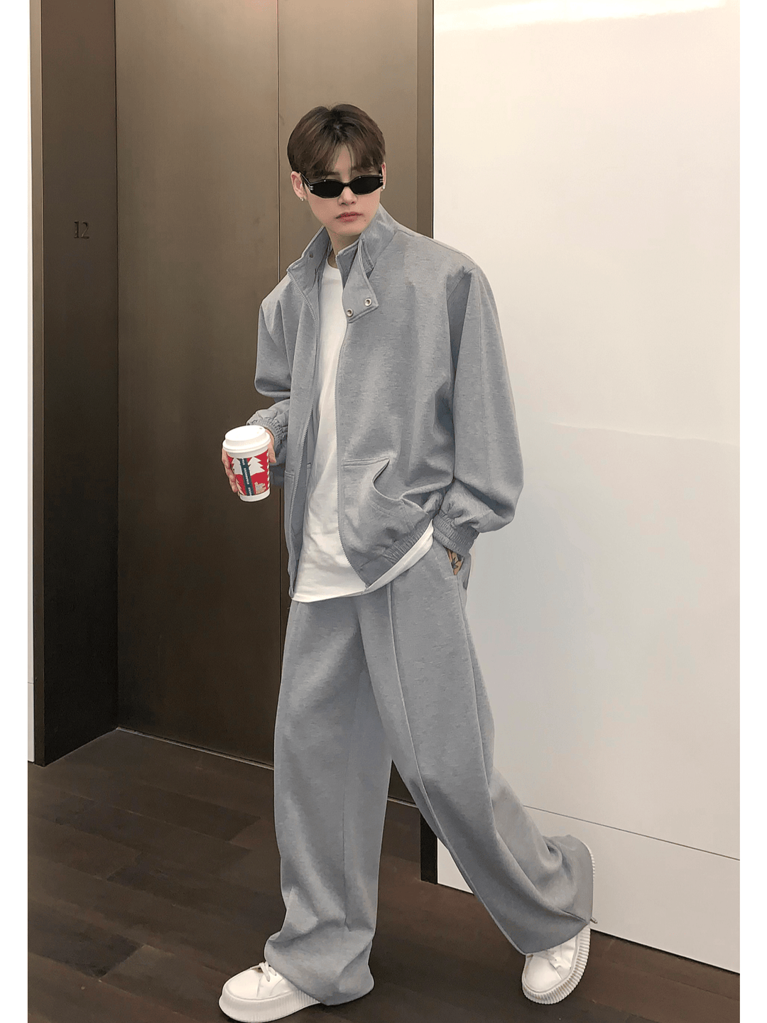 [CUIBUJU] スタンドカラーショルダーパッドカーディガンセーターセットアップ S0195