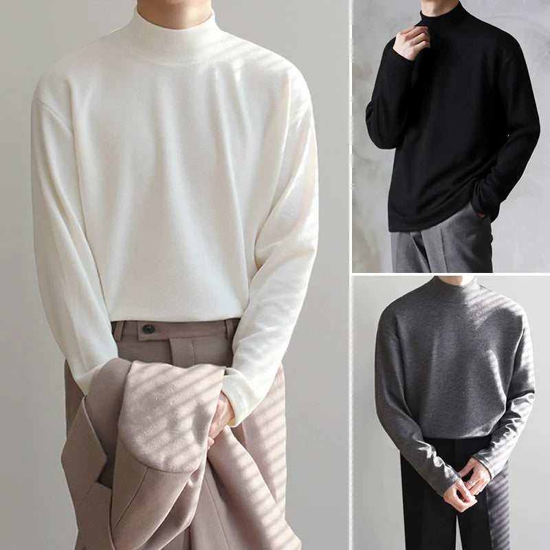 Winter and autumn top semi-turtleneck bottoming shirt men's pure cotton long-sleeved t-shirt with Korean trend t-shirt inside J0082