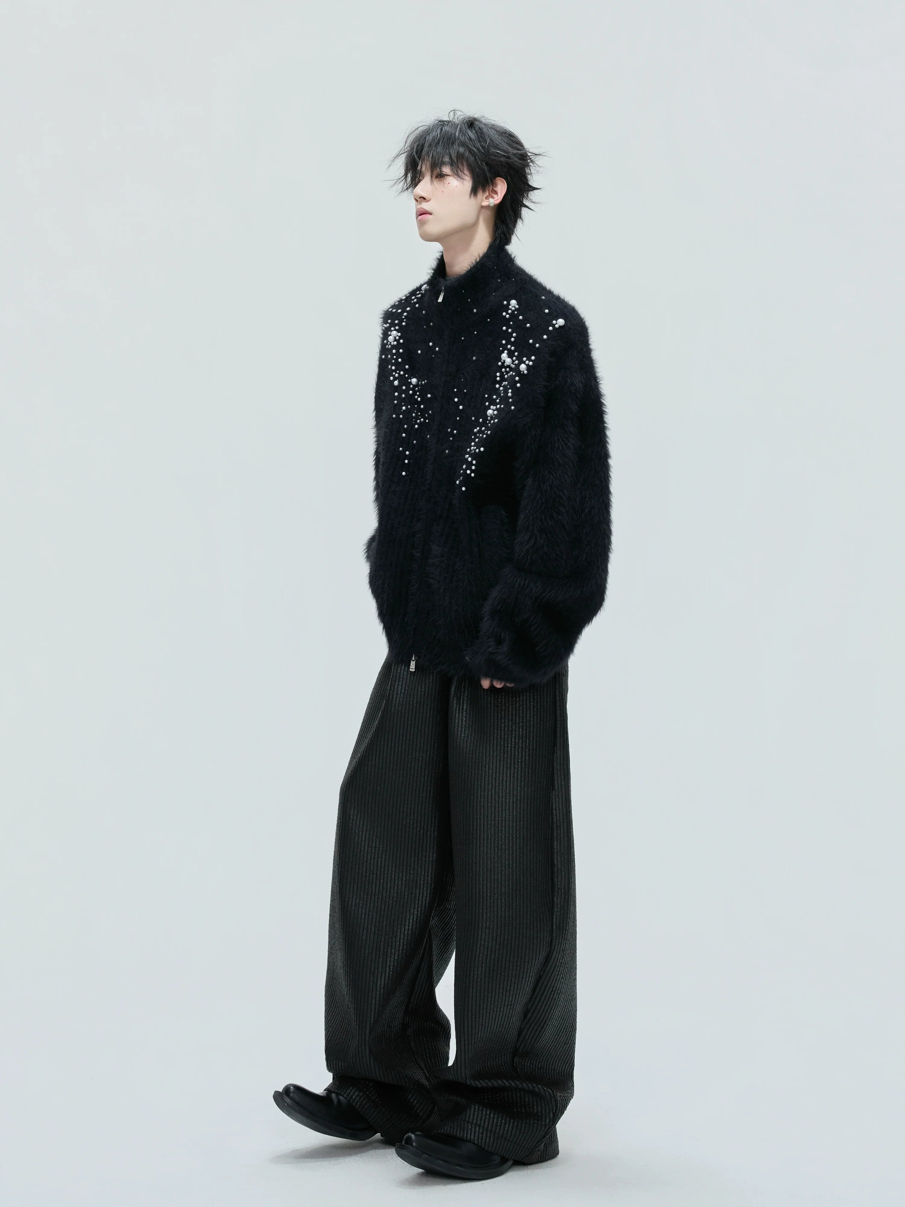 Turtleneck plush pearl embellished sweater cardigan extravagant thickened knitted sweater S0166