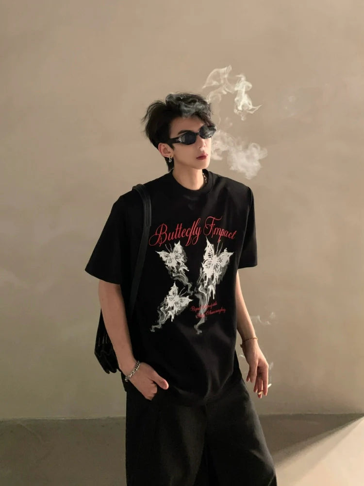 Summer niche high-end butterfly printing heavy shoulder pads short-sleeved T-shirt men's half-sleeved top tide J0087