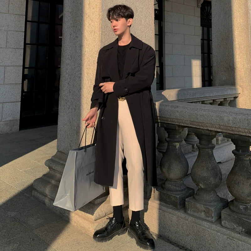 Autumn knee trench coat men's medium and long double-breasted loose coat Korean trendy casual handsome coat R035