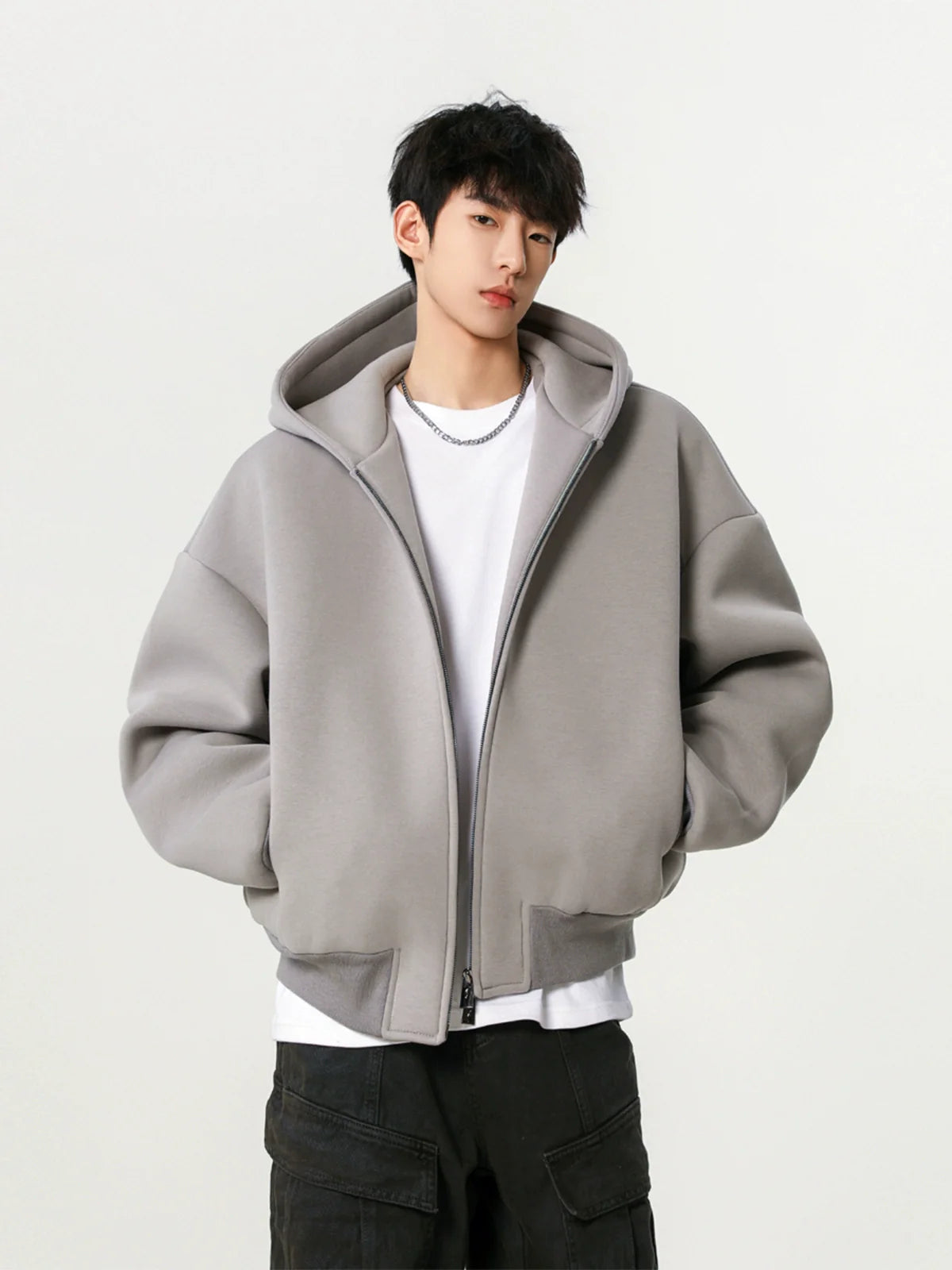Heavy silhouette cardigan sweater men's spring and autumn new double zipper design hooded fashion short casual coat S0175