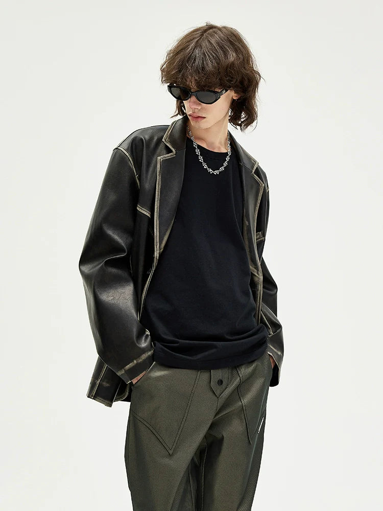 American retro polished leather jacket suit for men and women, black trendy jacket R009