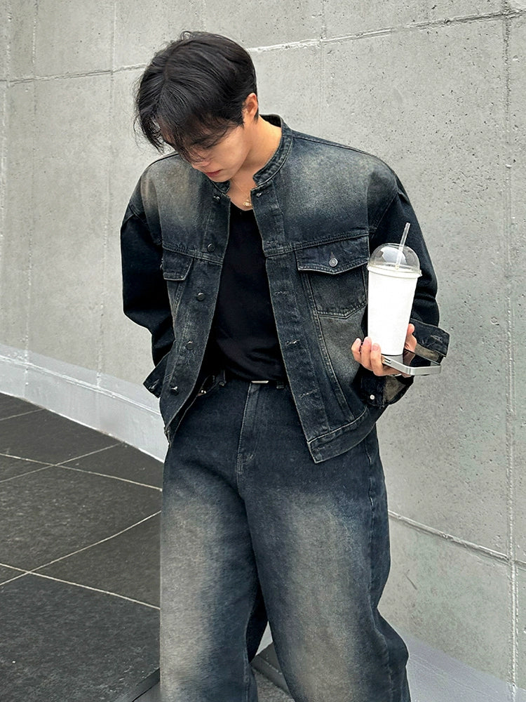 Ruffian handsome retro stand-up collar denim jacket men's spring and autumn loose wide-leg jeans Korean fashion suit T0150