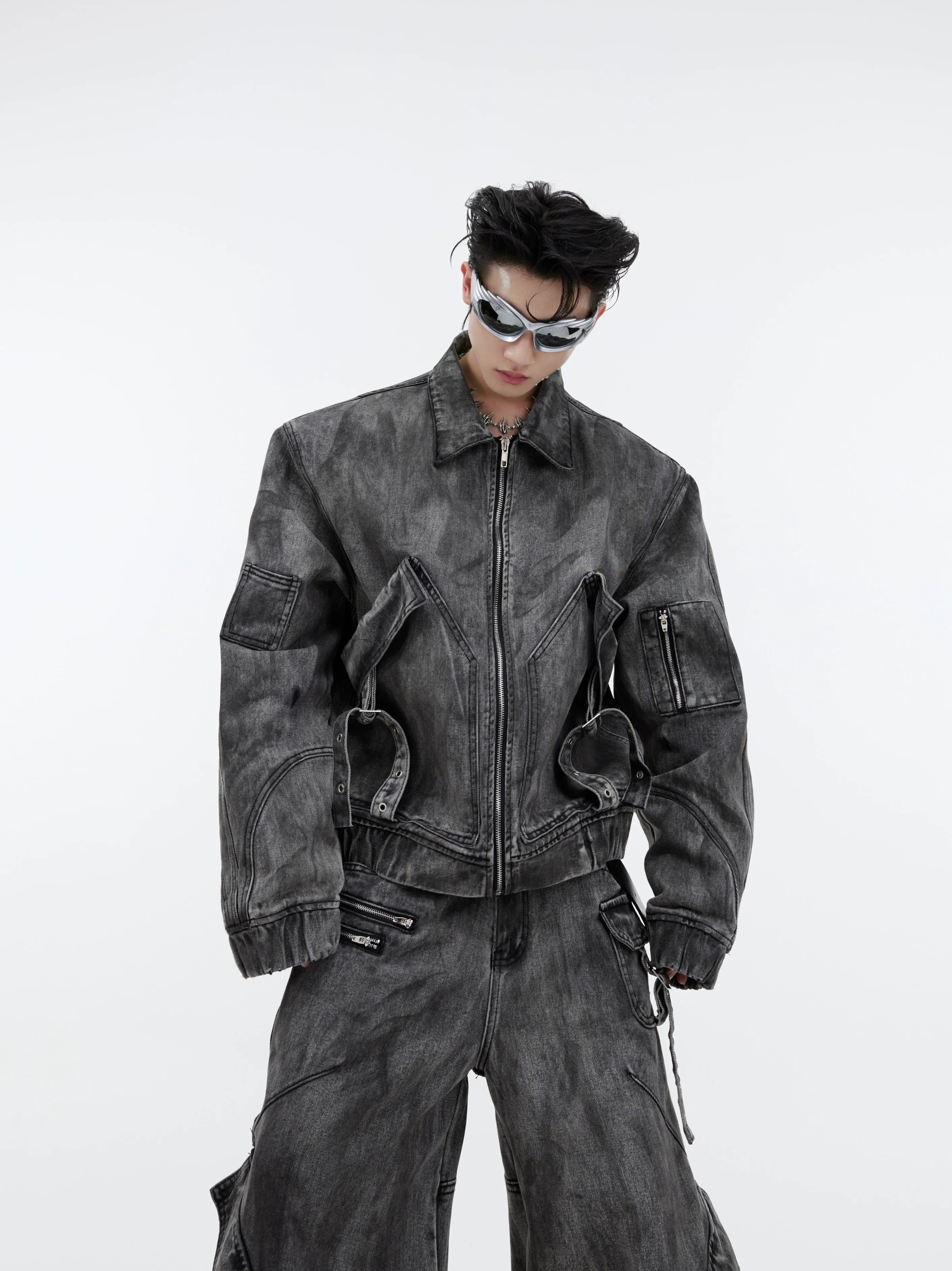 Niche retro old denim suit jacket jacket wasteland heavy zipper big pocket overalls R016