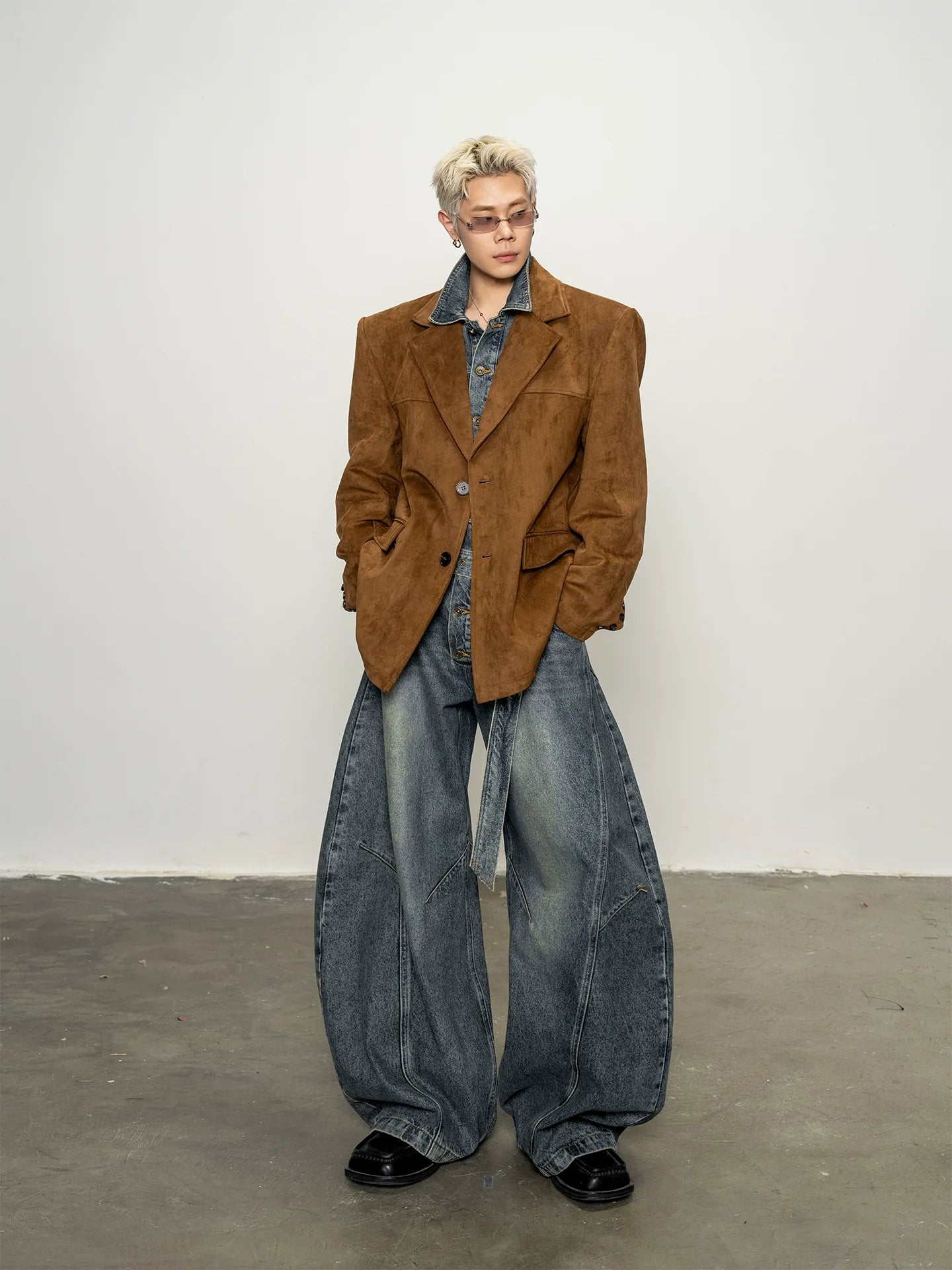 Autumn and winter relaxation suede quite wide shoulder padded suit men's Maillard loose blazer R027