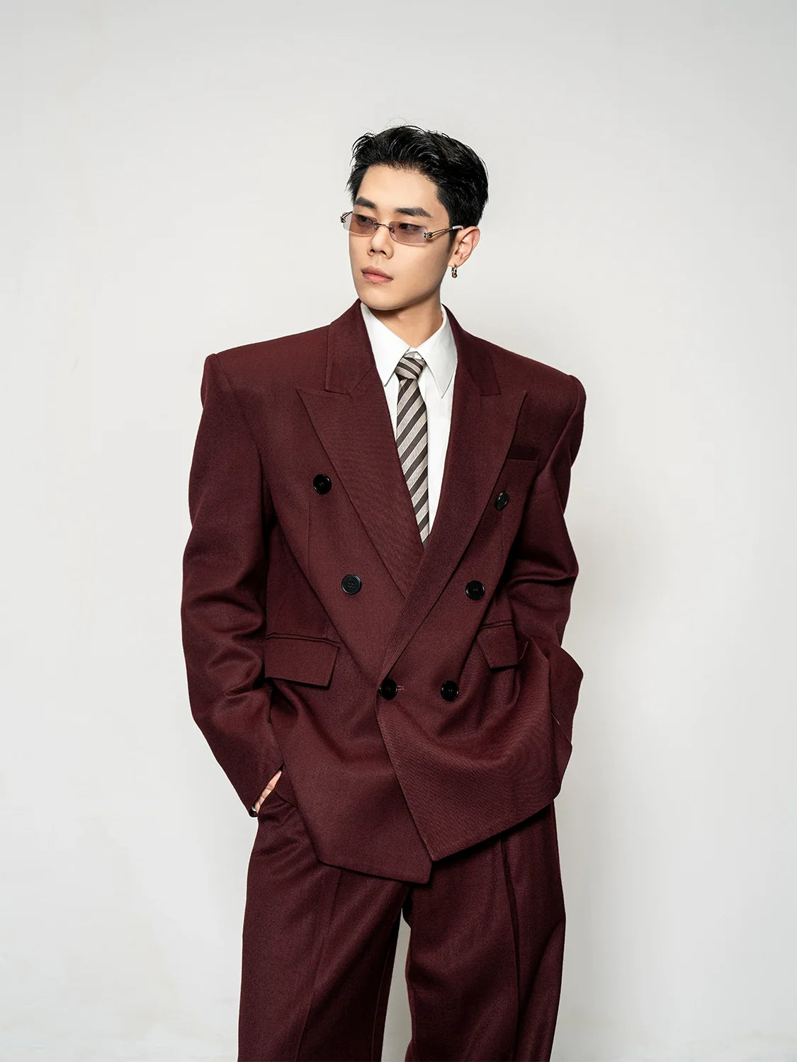 High quality wool overturned shoulder suit jacket men's loose and wide trousers two-piece set R019