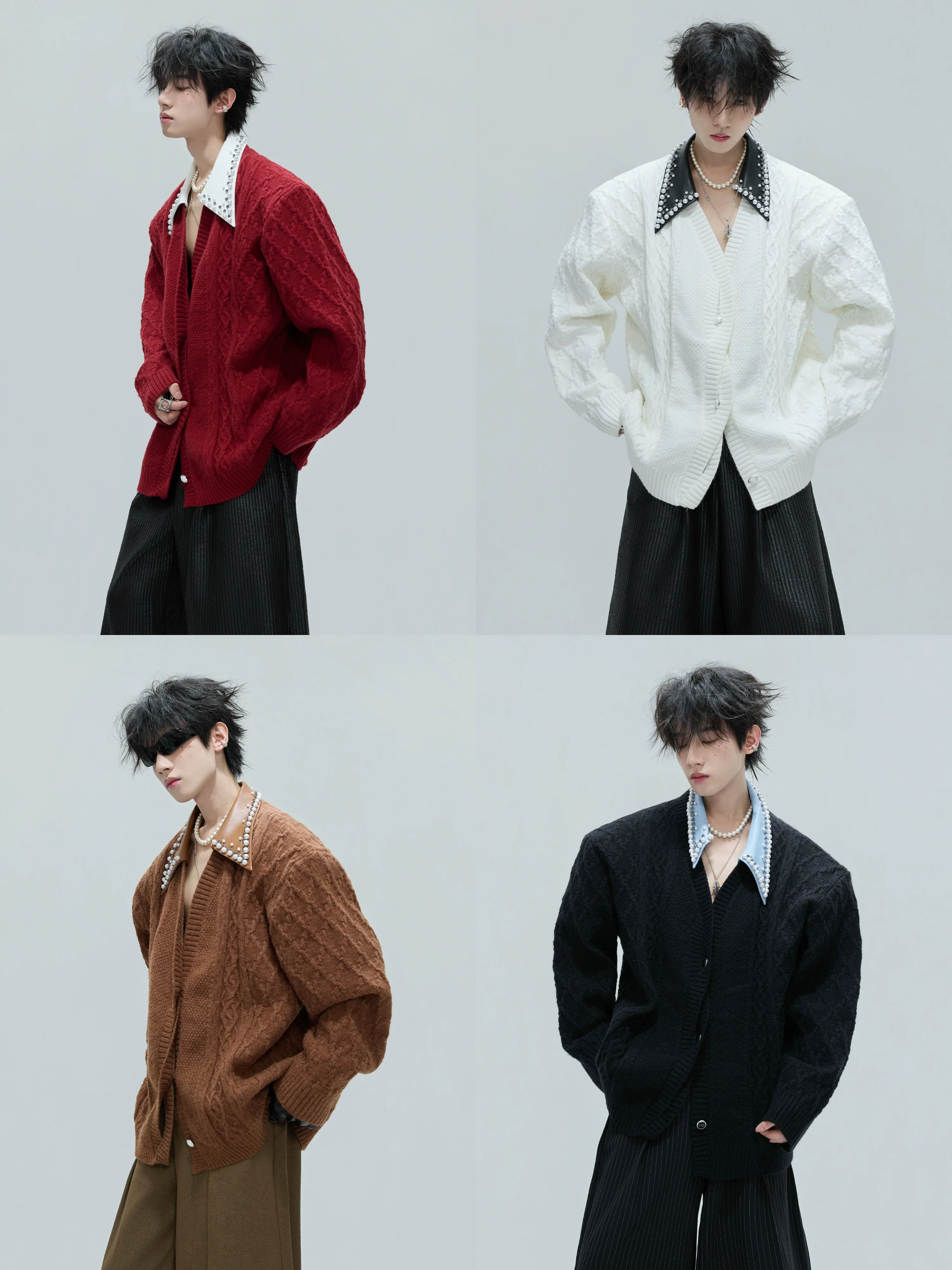 Suéter extravagante de dos piezas falso, retro, hecho a mano, con solapa gruesa de perlas, cárdigan de punto S0167 