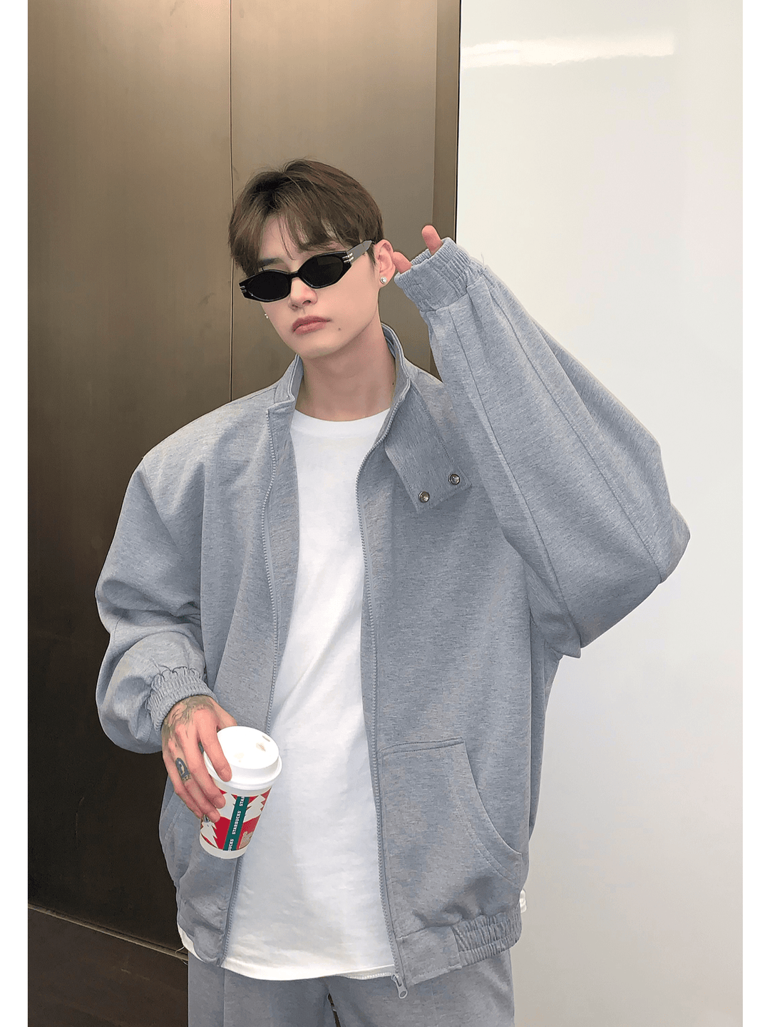 [CUIBUJU] スタンドカラーショルダーパッドカーディガンセーターセットアップ S0195