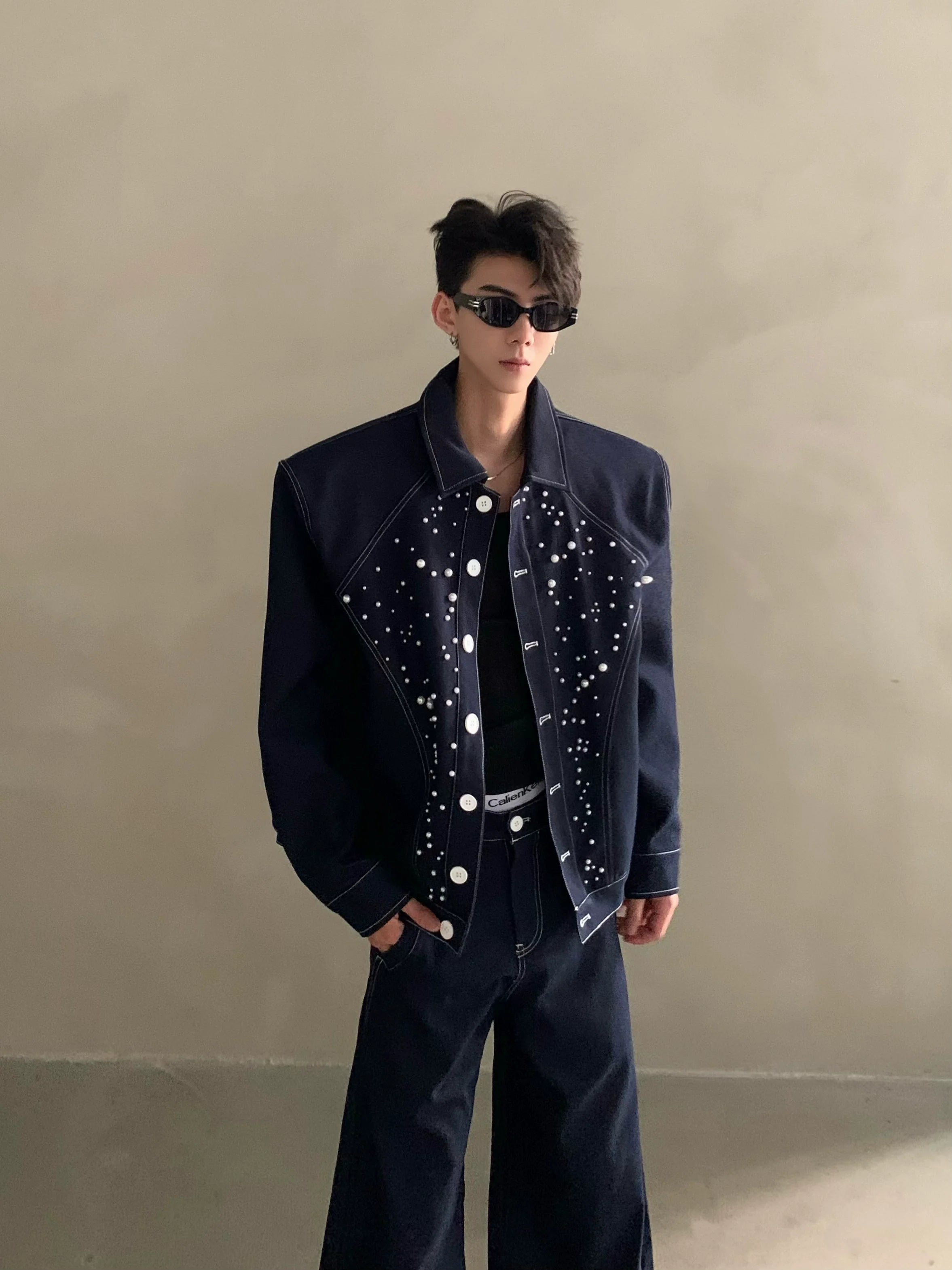 Niche high-end sense light luxury bright diamond pearl design denim jacket men's ruffian handsome fashion suit tide R006