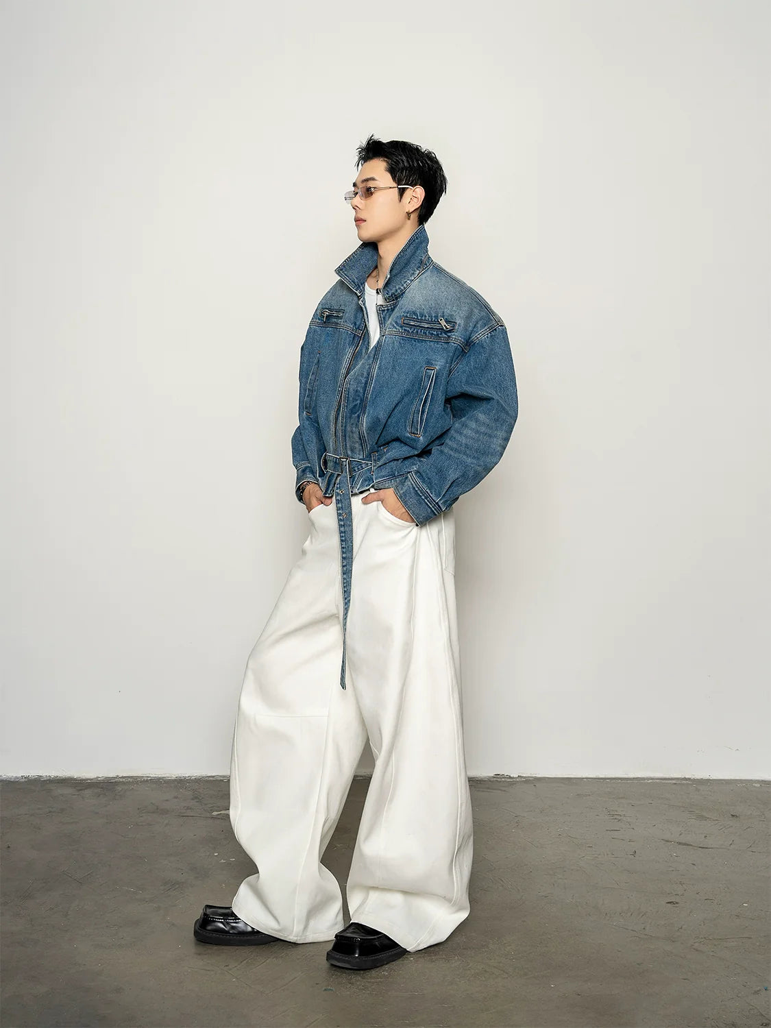 Deconstruction splicing milk silk white high-waisted scimitar pants anti-wrinkle loose wide-leg casual pants B0325