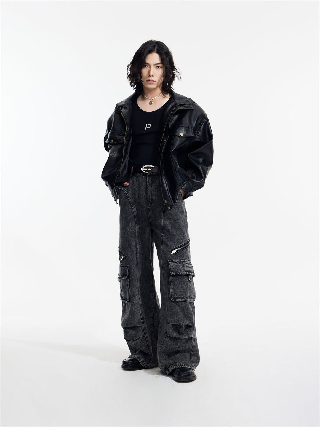 [PeopleStyle] Genderless wear silhouette fashionable leather jacket T0166