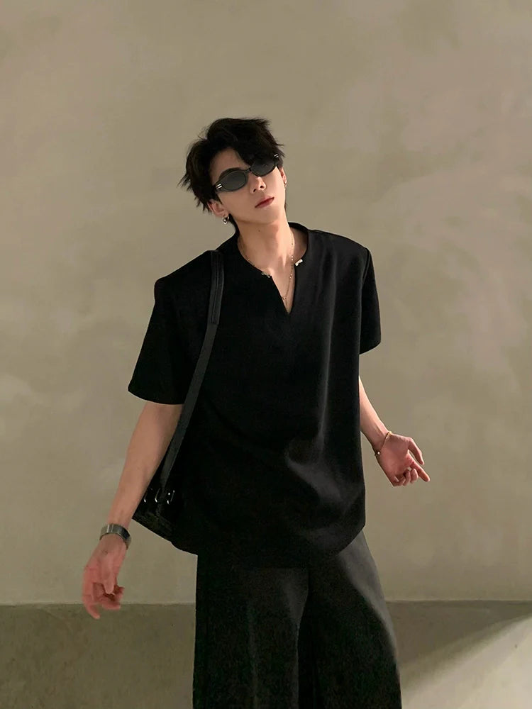 Summer high-end V-neck metal decorative shoulder pads short-sleeved T-shirt male ruffian handsome loose half-sleeved top J0090