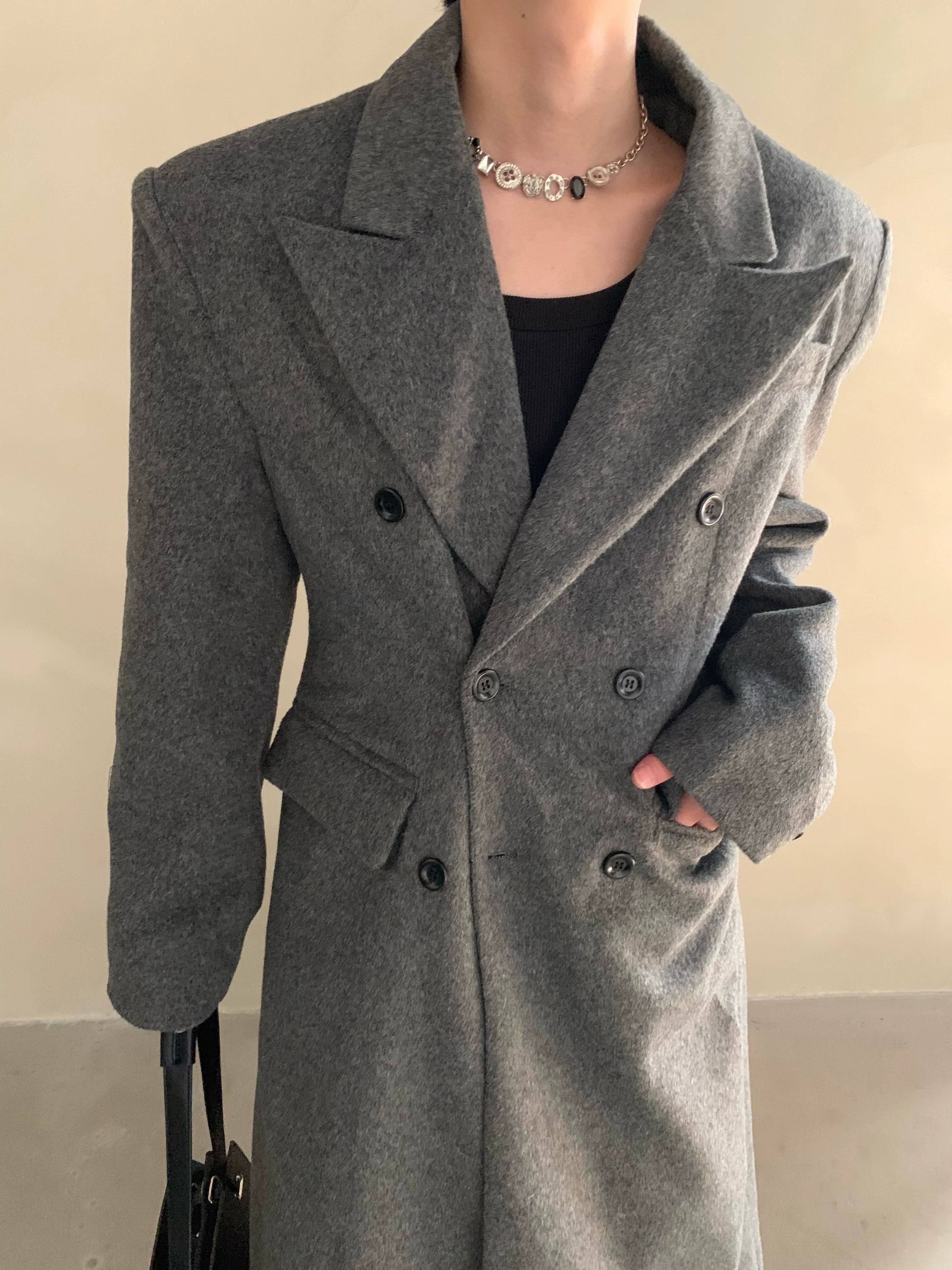 冬用ニッチショルダーパッド入りシルエットウールコートメンズロングダブルブレストプレミアムトレンチコートR037 