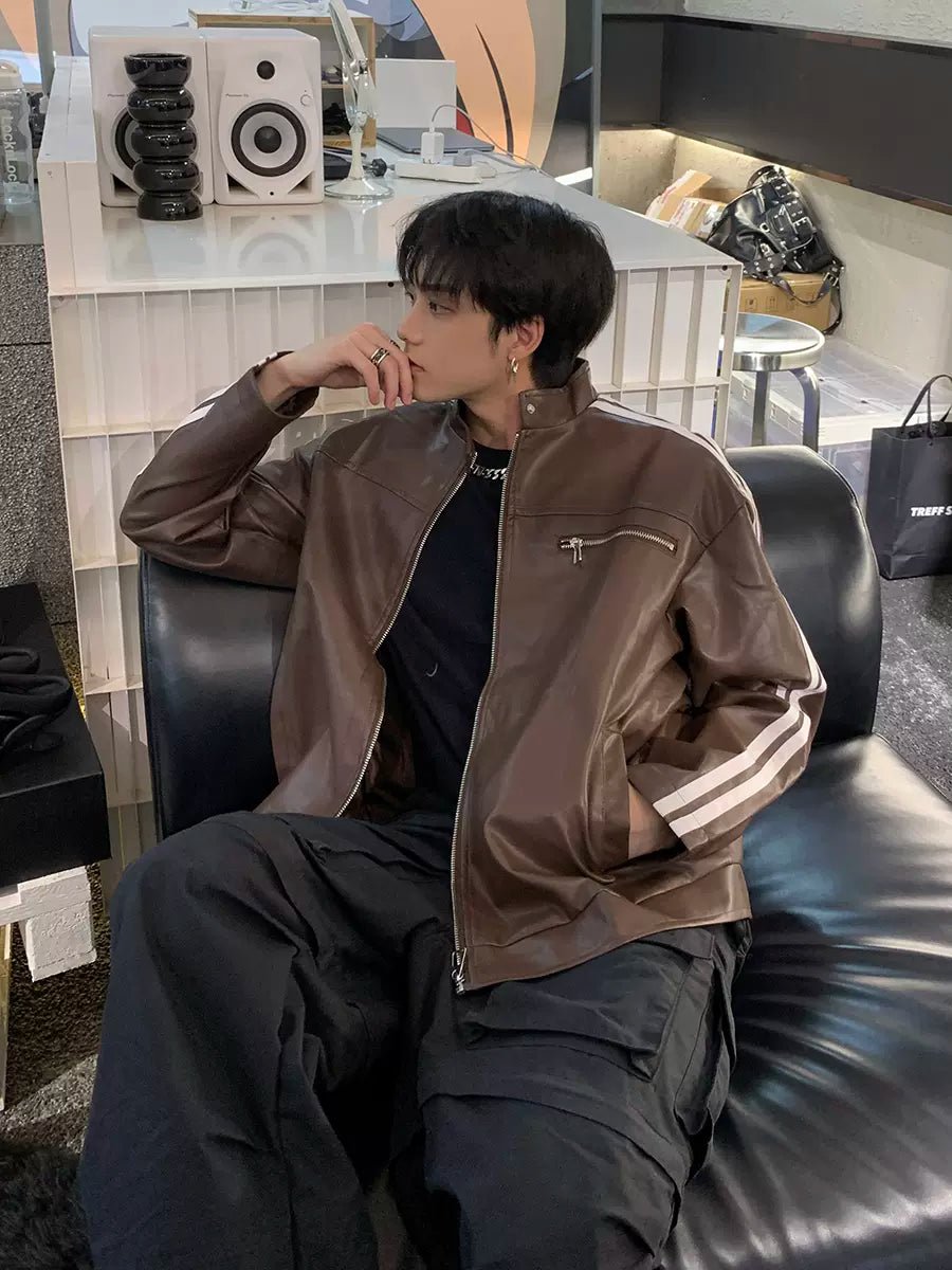 [K09] PU leather striped jacket T0169