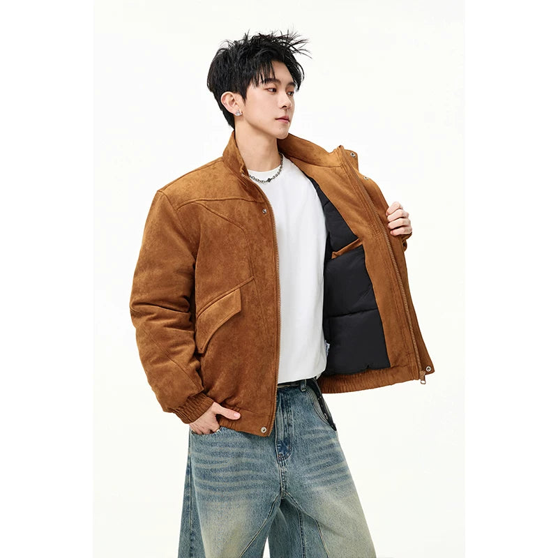 Suede stand-up collar short front shoulder cotton-padded jacket FE0701