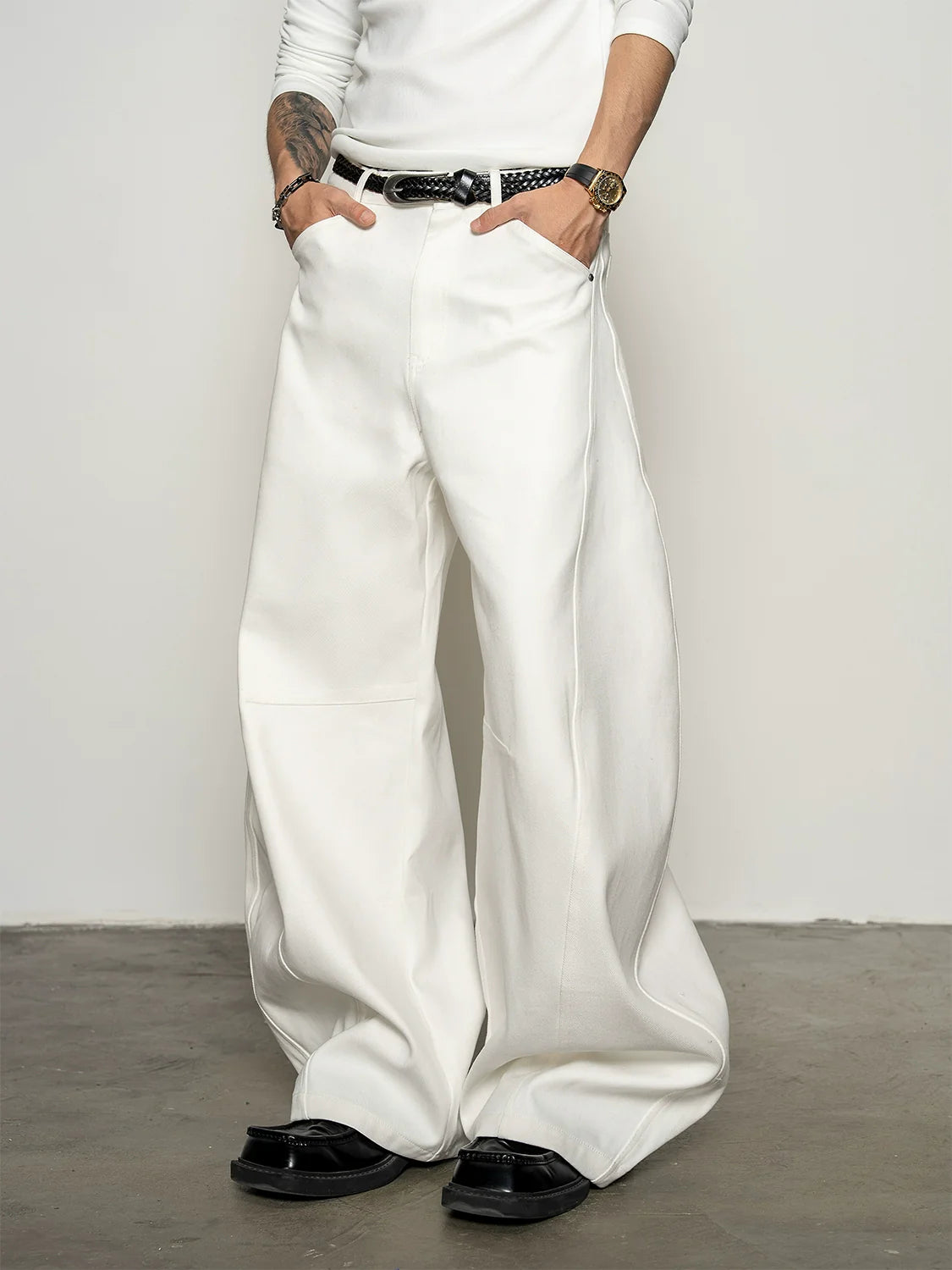 Deconstruction splicing milk silk white high-waisted scimitar pants anti-wrinkle loose wide-leg casual pants B0325