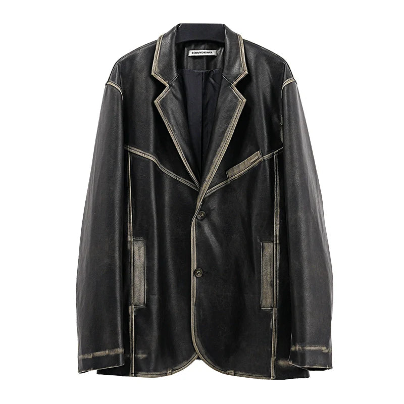 American retro polished leather jacket suit for men and women, black trendy jacket R009