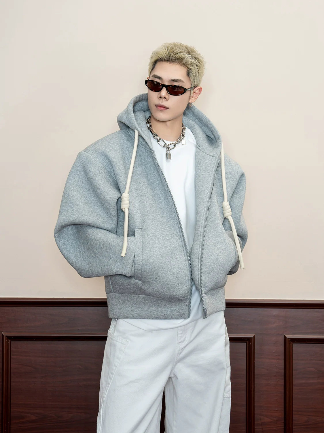 Handmade braided rope solid color hooded American casual sweater men's spring 500g heavy loose cardigan jacket S0173