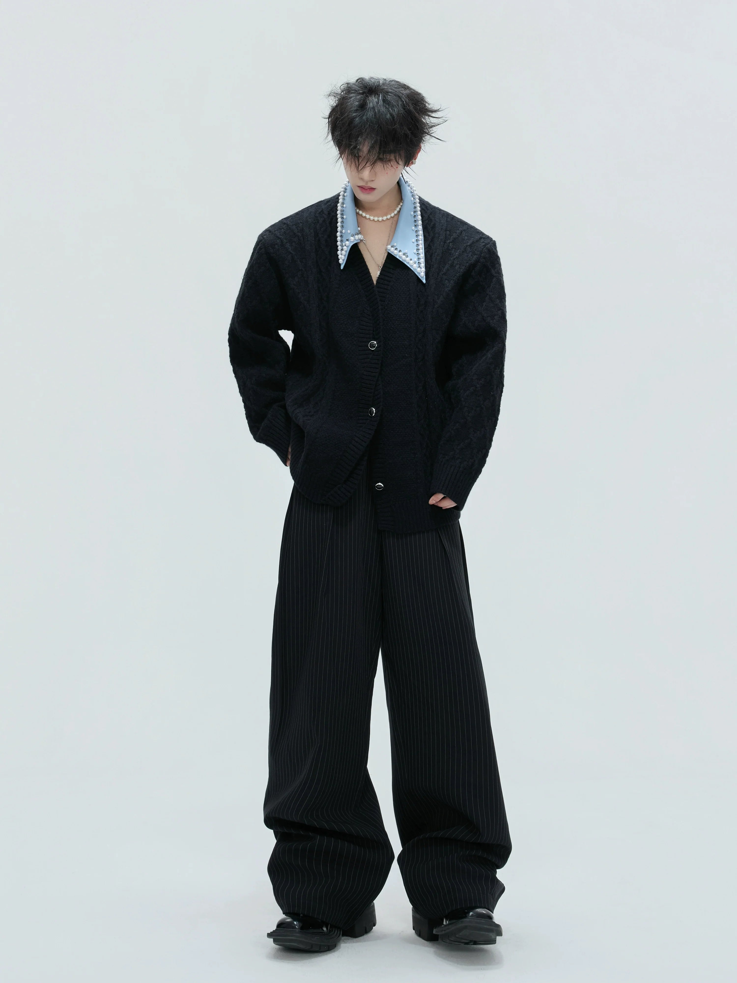 Suéter extravagante de dos piezas falso, retro, hecho a mano, con solapa gruesa de perlas, cárdigan de punto S0167 