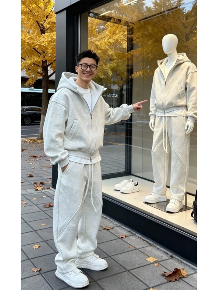 White grey hooded cardigan sweater set T0365