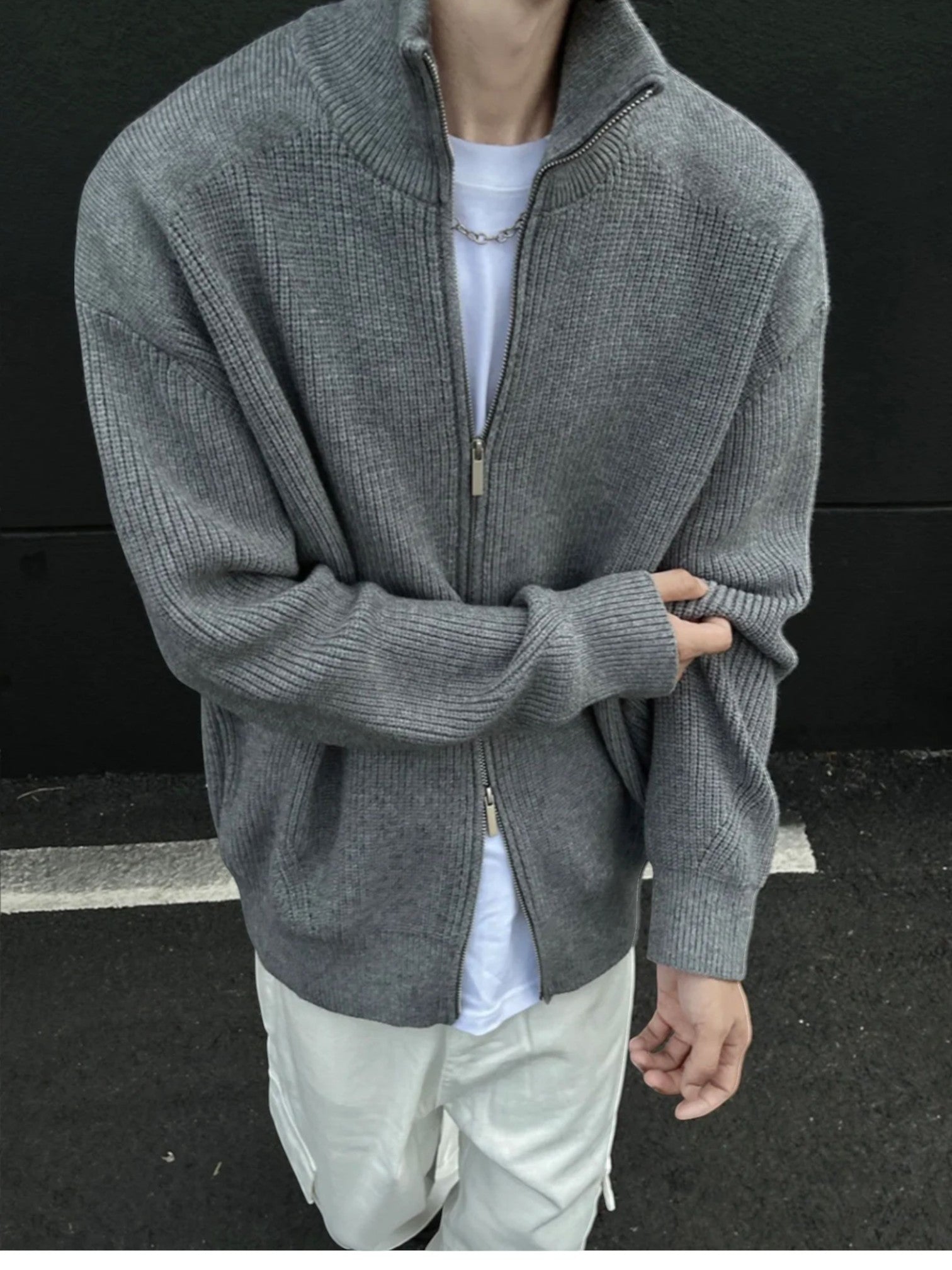 [WXB] KOREAN RIBBED ZIP-UP HIGH COLLAR shirt T0203