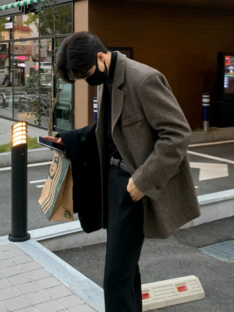 Woolen blazer Men's autumn and winter Korean loose trend thickened high-end small suit top R002
