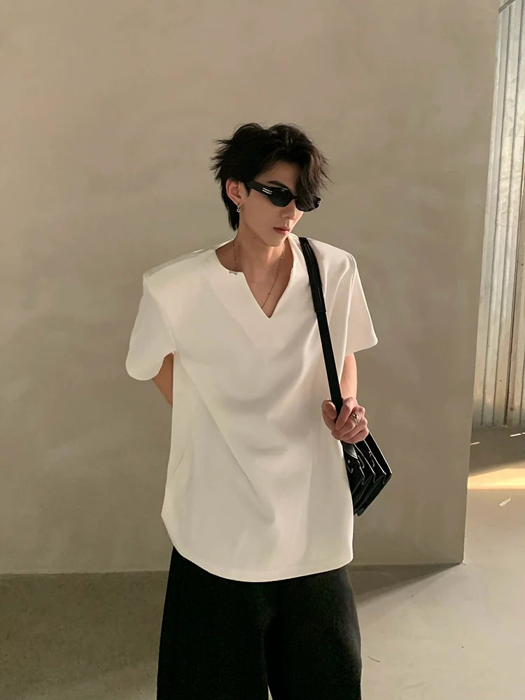 Summer high-end V-neck metal decorative shoulder pads short-sleeved T-shirt male ruffian handsome loose half-sleeved top J0090