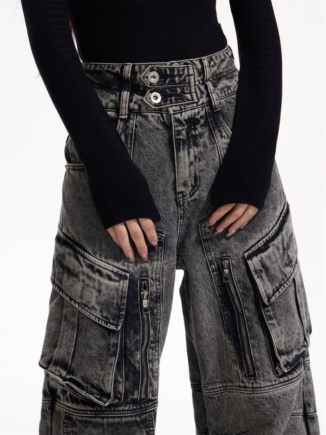 Multi-pocket wide leg casual jeans B0145