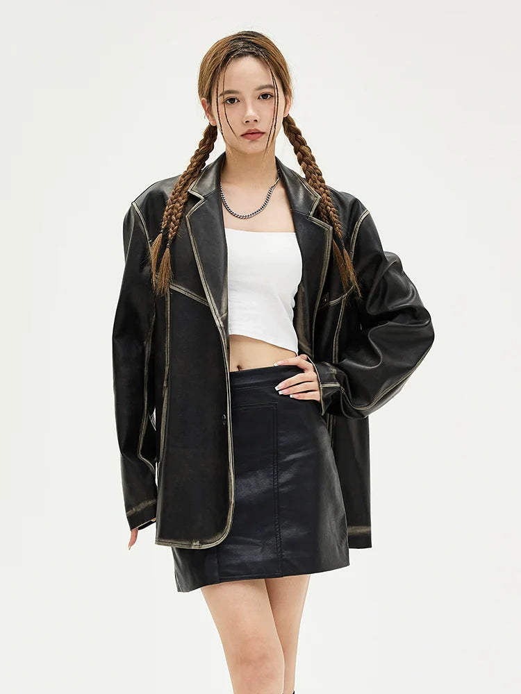 American retro polished leather jacket suit for men and women, black trendy jacket R009