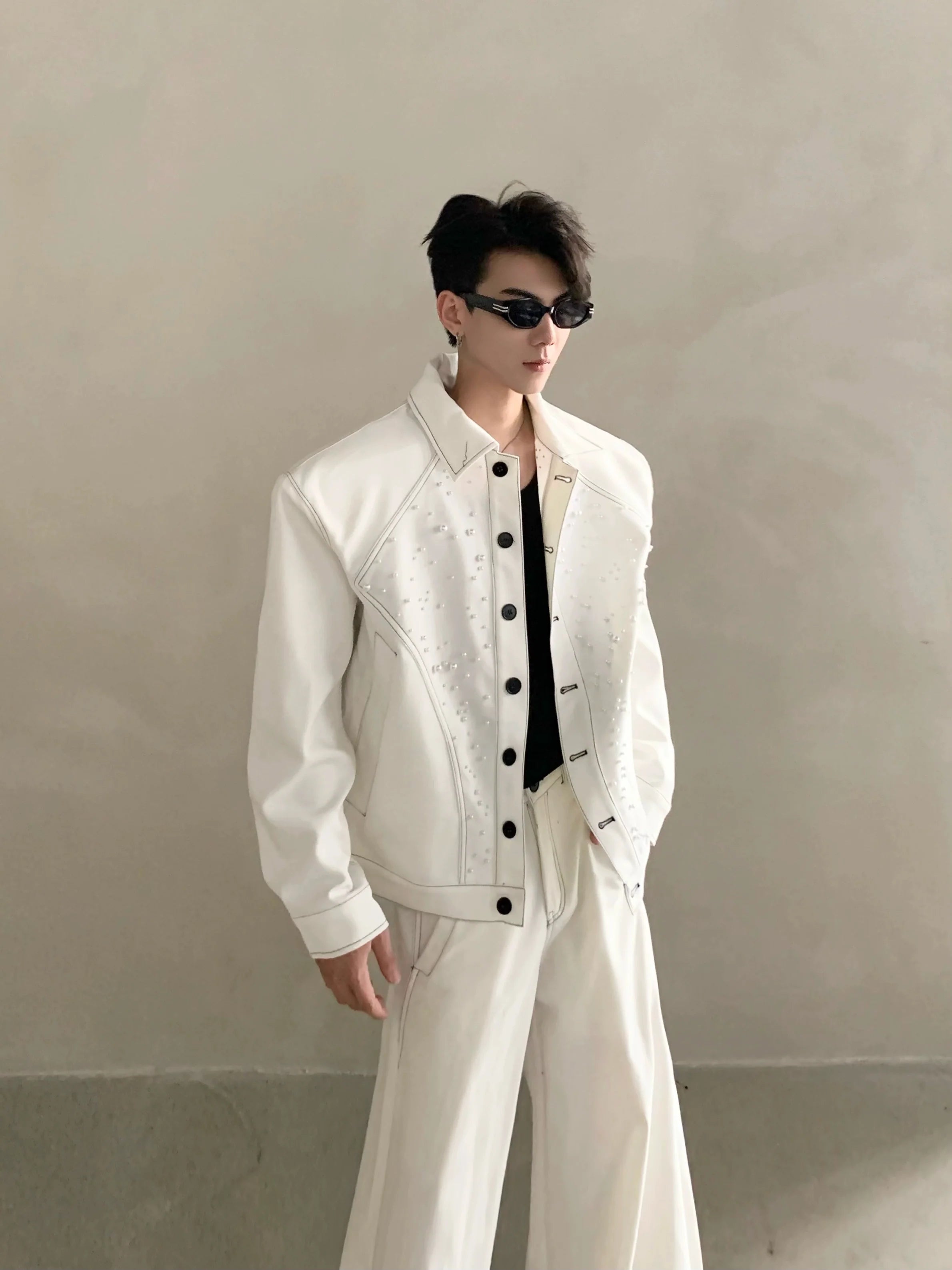 Niche high-end white shoulder padded jacket jacket men's autumn trousers suit minimalist style R003
