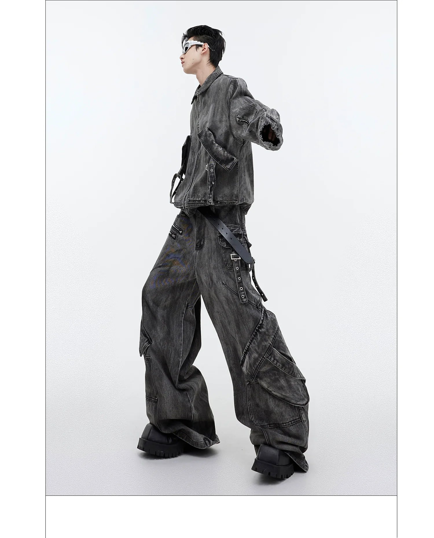 Niche retro old denim suit jacket jacket wasteland heavy zipper big pocket overalls R016