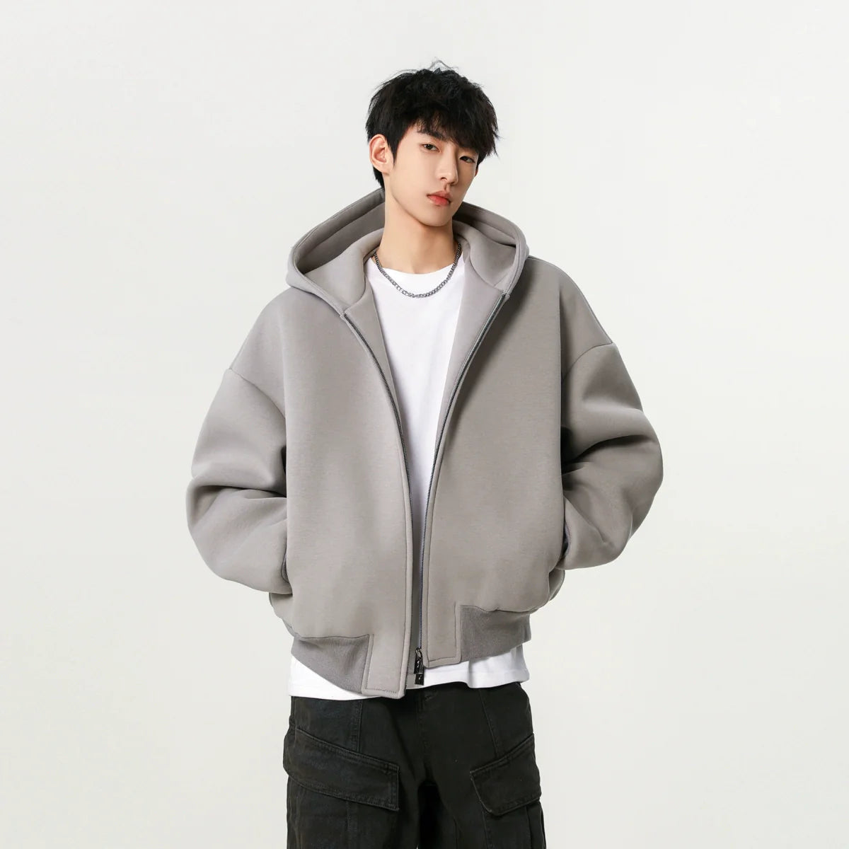 Heavy silhouette cardigan sweater men's spring and autumn new double zipper design hooded fashion short casual coat S0175