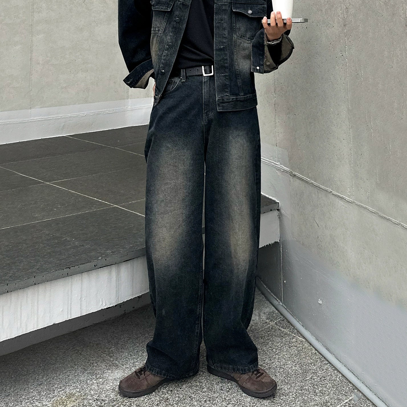 Ruffian handsome retro stand-up collar denim jacket men's spring and autumn loose wide-leg jeans Korean fashion suit T0150