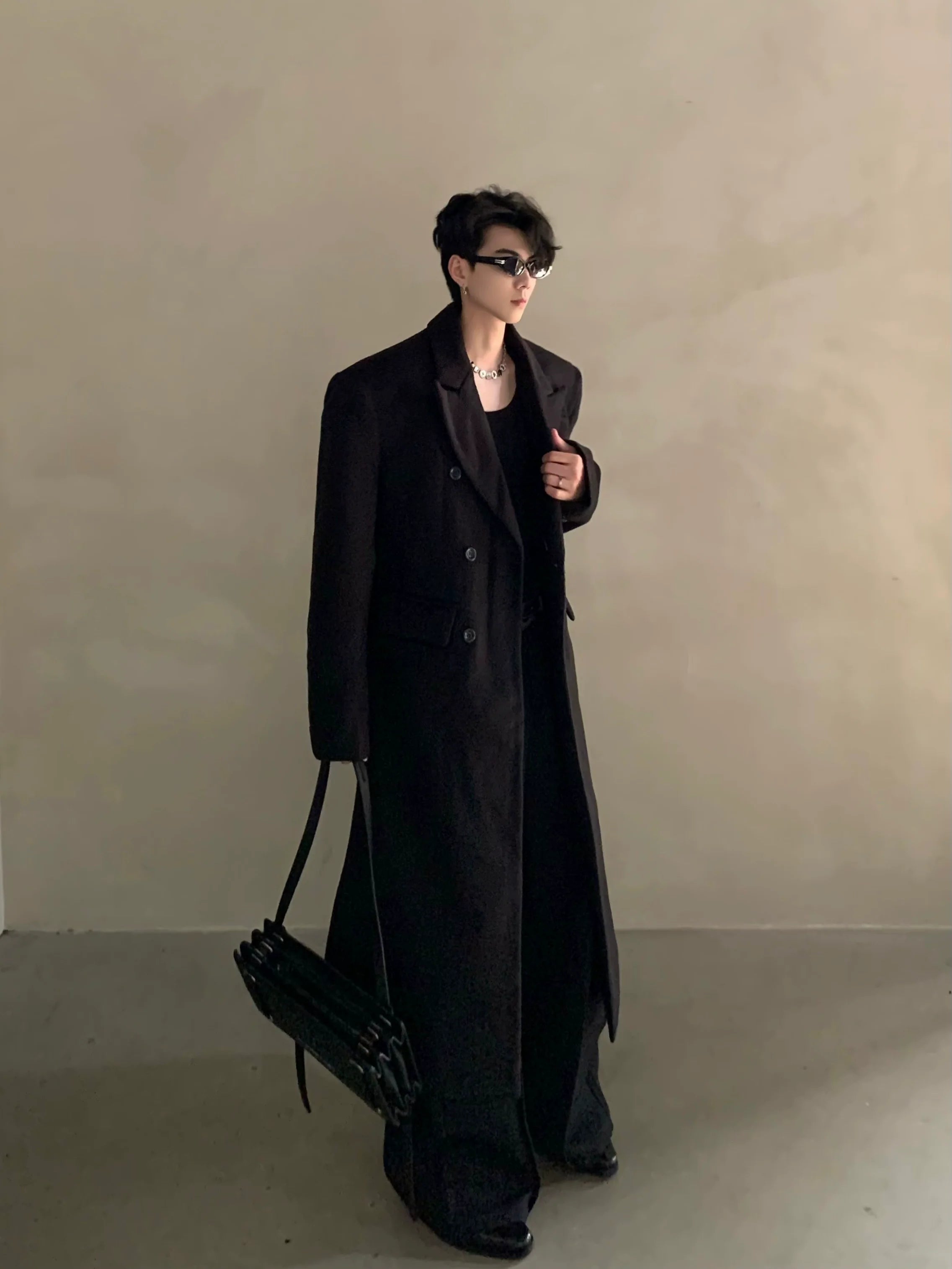 冬用ニッチショルダーパッド入りシルエットウールコートメンズロングダブルブレストプレミアムトレンチコートR037 