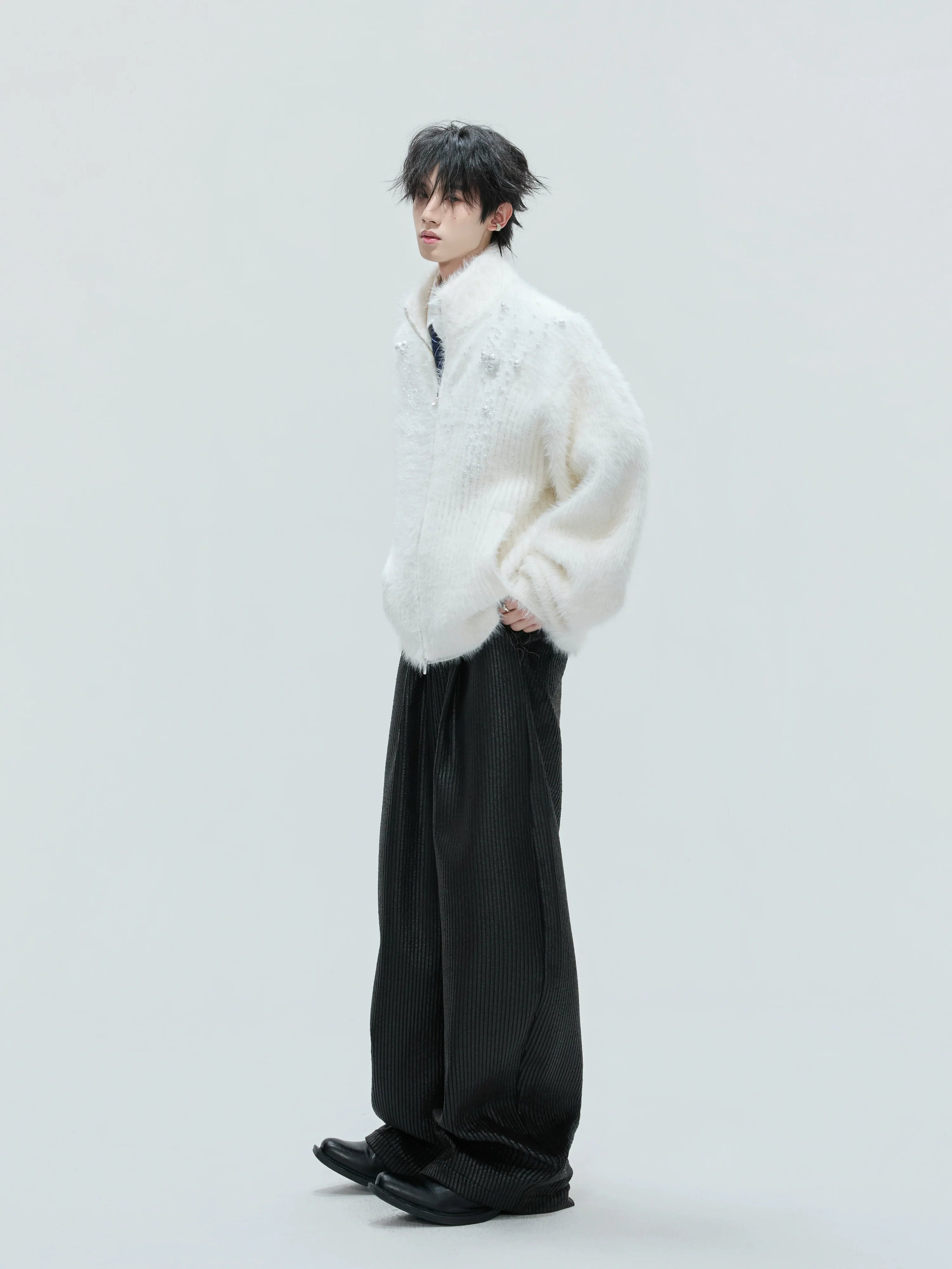 Turtleneck plush pearl embellished sweater cardigan extravagant thickened knitted sweater S0166